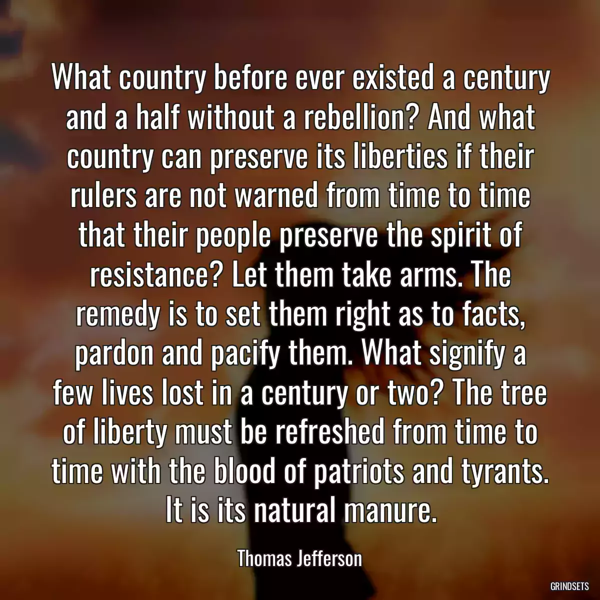 What country before ever existed a century and a half without a rebellion? And what country can preserve its liberties if their rulers are not warned from time to time that their people preserve the spirit of resistance? Let them take arms. The remedy is to set them right as to facts, pardon and pacify them. What signify a few lives lost in a century or two? The tree of liberty must be refreshed from time to time with the blood of patriots and tyrants. It is its natural manure.