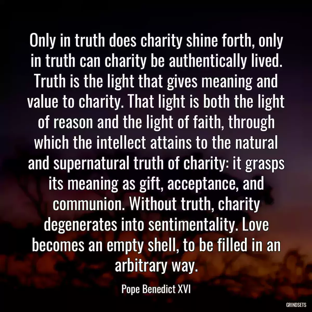 Only in truth does charity shine forth, only in truth can charity be authentically lived. Truth is the light that gives meaning and value to charity. That light is both the light of reason and the light of faith, through which the intellect attains to the natural and supernatural truth of charity: it grasps its meaning as gift, acceptance, and communion. Without truth, charity degenerates into sentimentality. Love becomes an empty shell, to be filled in an arbitrary way.