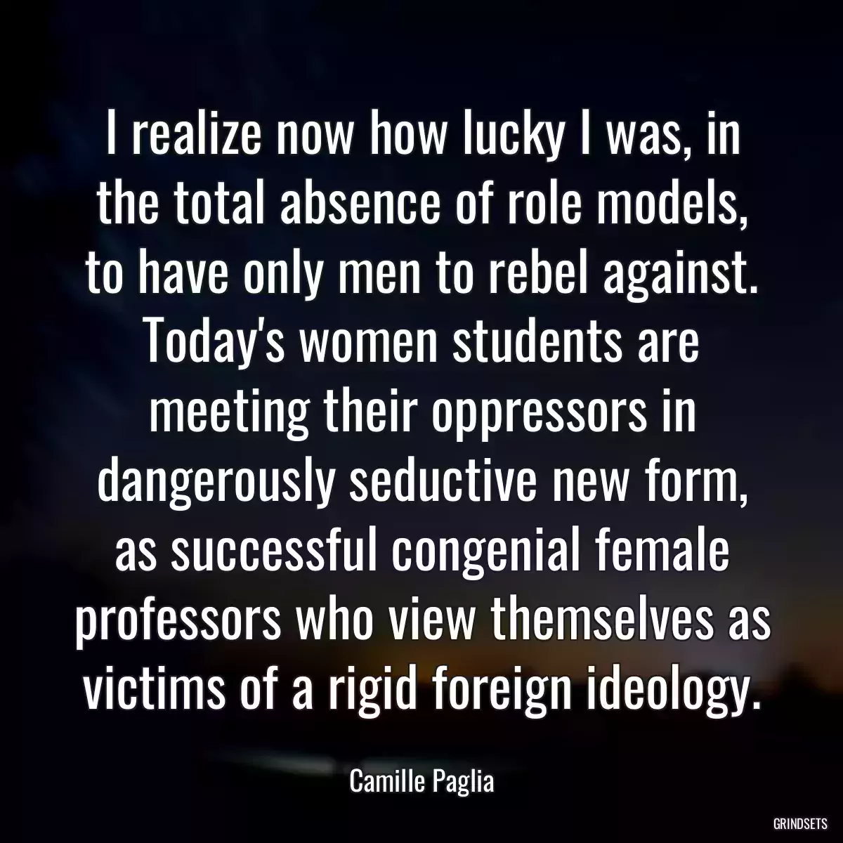 I realize now how lucky I was, in the total absence of role models, to have only men to rebel against. Today\'s women students are meeting their oppressors in dangerously seductive new form, as successful congenial female professors who view themselves as victims of a rigid foreign ideology.