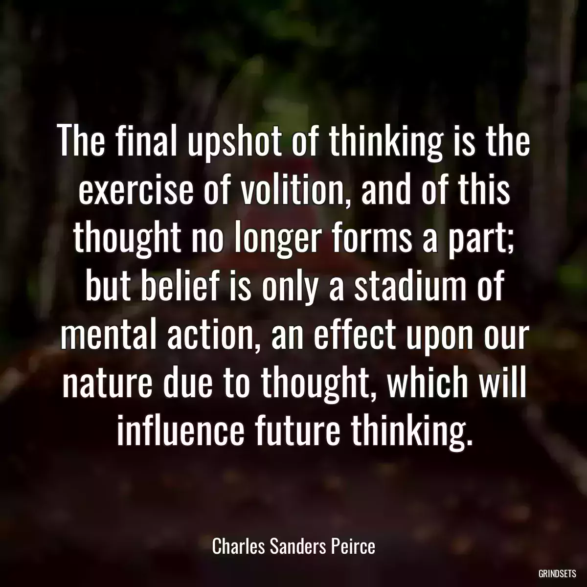 The final upshot of thinking is the exercise of volition, and of this thought no longer forms a part; but belief is only a stadium of mental action, an effect upon our nature due to thought, which will influence future thinking.