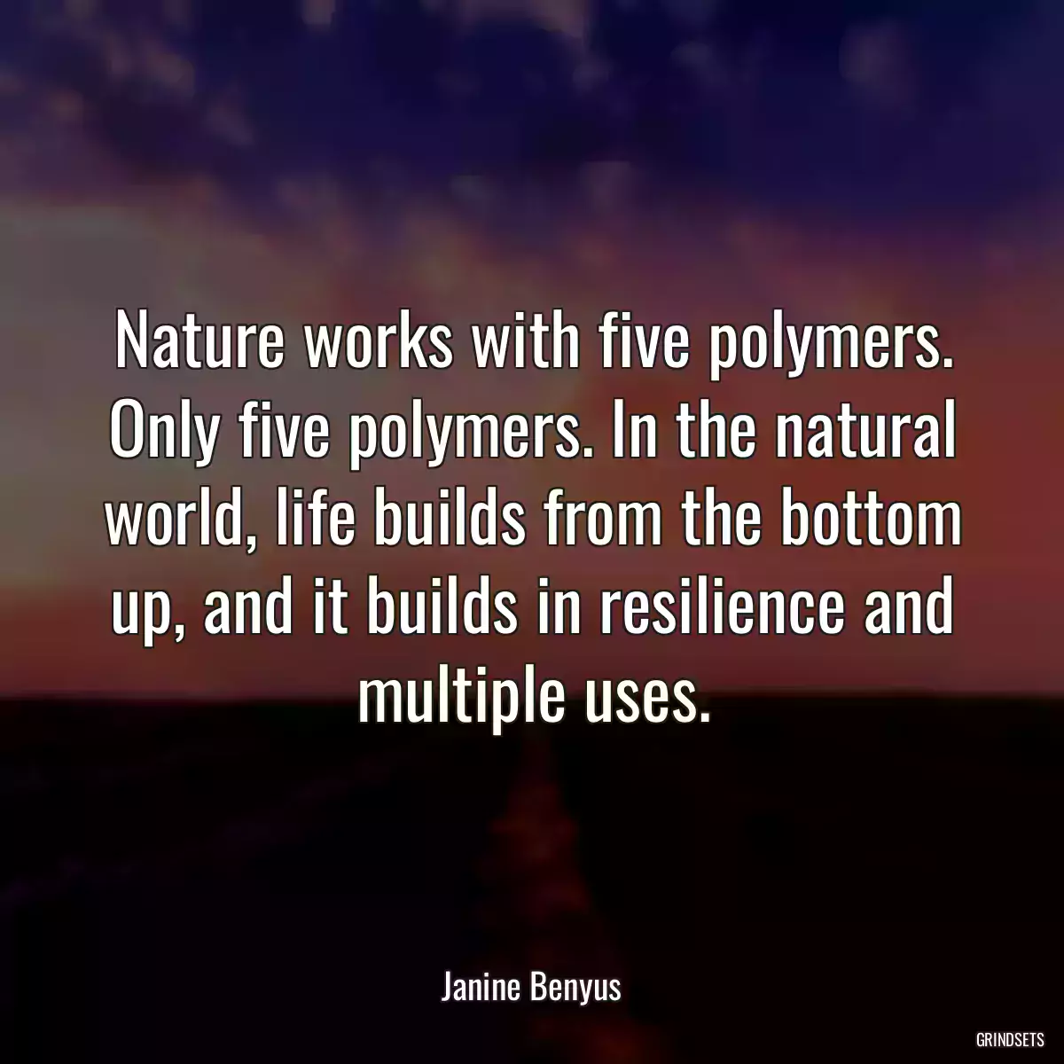 Nature works with five polymers. Only five polymers. In the natural world, life builds from the bottom up, and it builds in resilience and multiple uses.