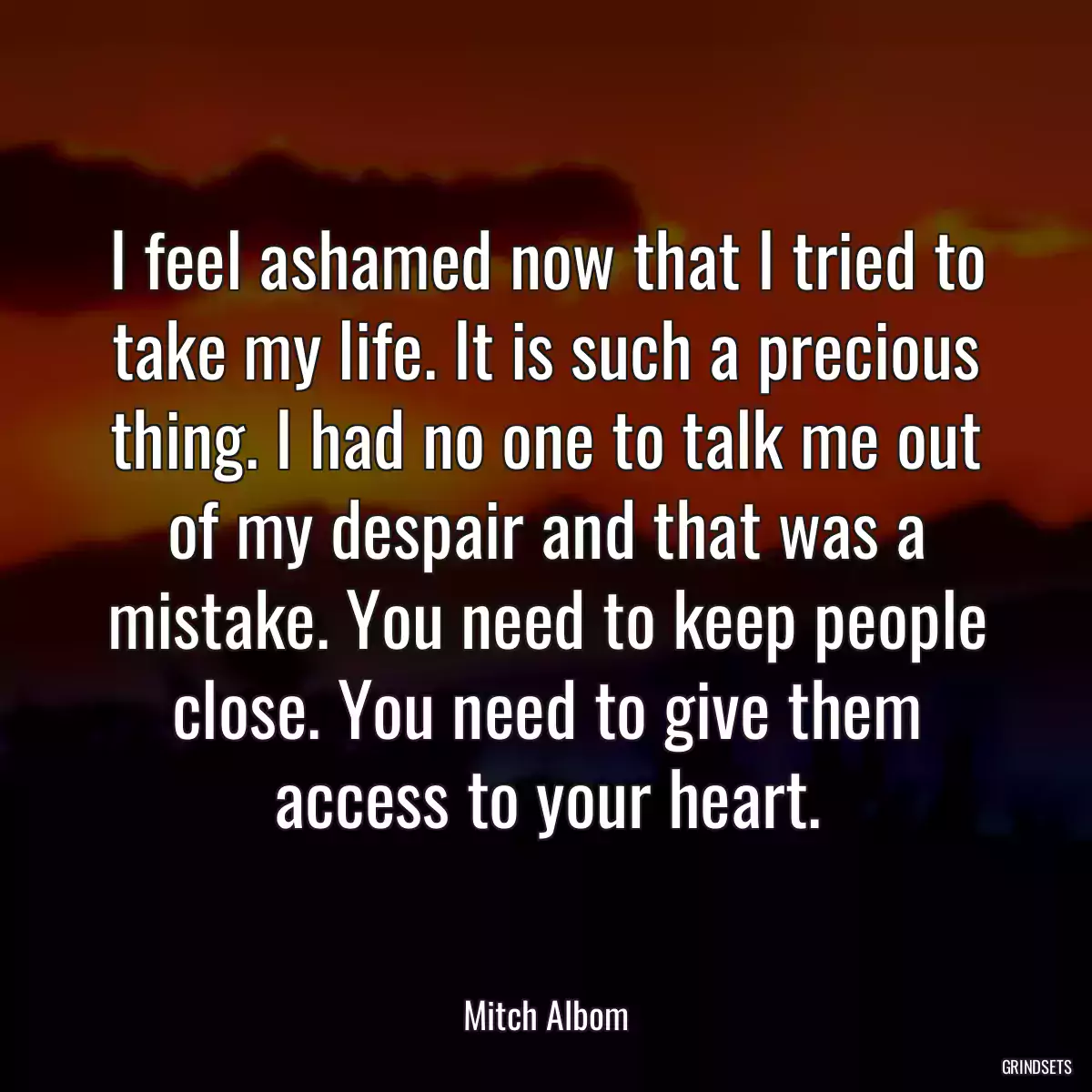 I feel ashamed now that I tried to take my life. It is such a precious thing. I had no one to talk me out of my despair and that was a mistake. You need to keep people close. You need to give them access to your heart.