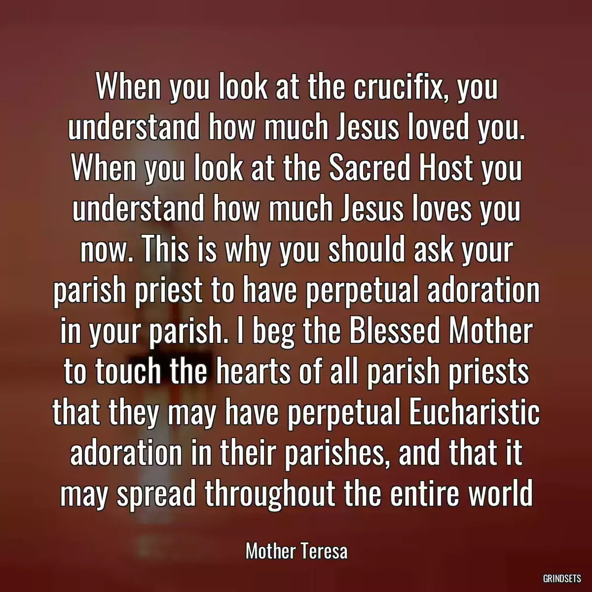 When you look at the crucifix, you understand how much Jesus loved you. When you look at the Sacred Host you understand how much Jesus loves you now. This is why you should ask your parish priest to have perpetual adoration in your parish. I beg the Blessed Mother to touch the hearts of all parish priests that they may have perpetual Eucharistic adoration in their parishes, and that it may spread throughout the entire world