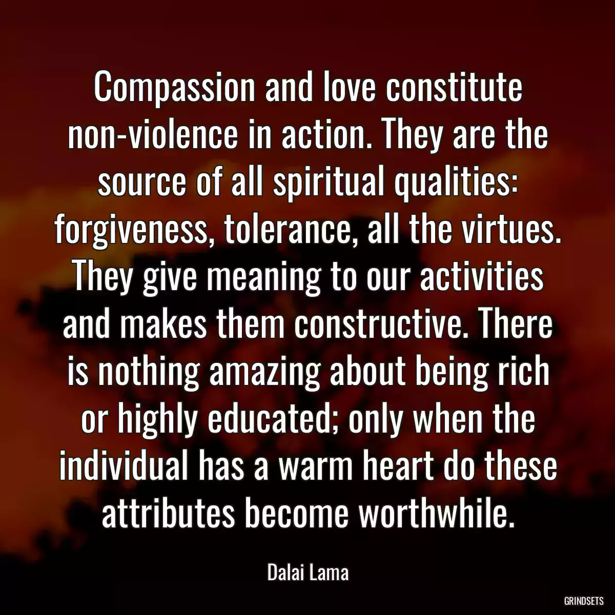 Compassion and love constitute non-violence in action. They are the source of all spiritual qualities: forgiveness, tolerance, all the virtues. They give meaning to our activities and makes them constructive. There is nothing amazing about being rich or highly educated; only when the individual has a warm heart do these attributes become worthwhile.