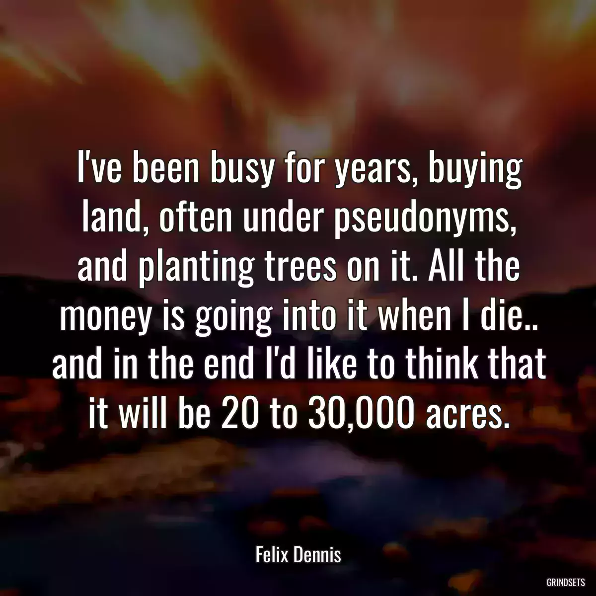 I\'ve been busy for years, buying land, often under pseudonyms, and planting trees on it. All the money is going into it when I die.. and in the end I\'d like to think that it will be 20 to 30,000 acres.