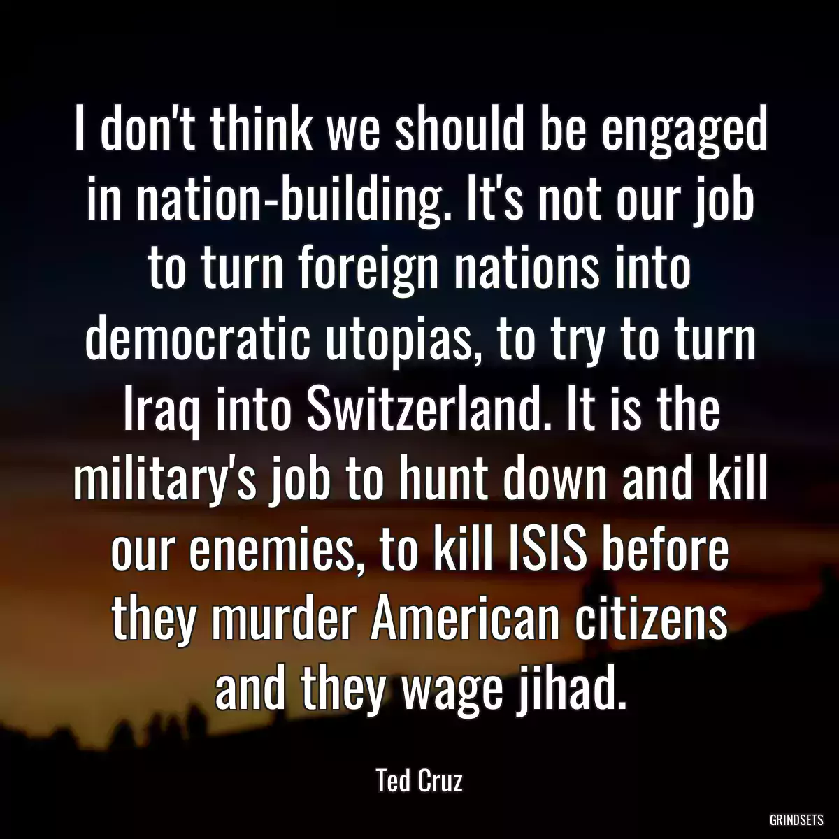 I don\'t think we should be engaged in nation-building. It\'s not our job to turn foreign nations into democratic utopias, to try to turn Iraq into Switzerland. It is the military\'s job to hunt down and kill our enemies, to kill ISIS before they murder American citizens and they wage jihad.