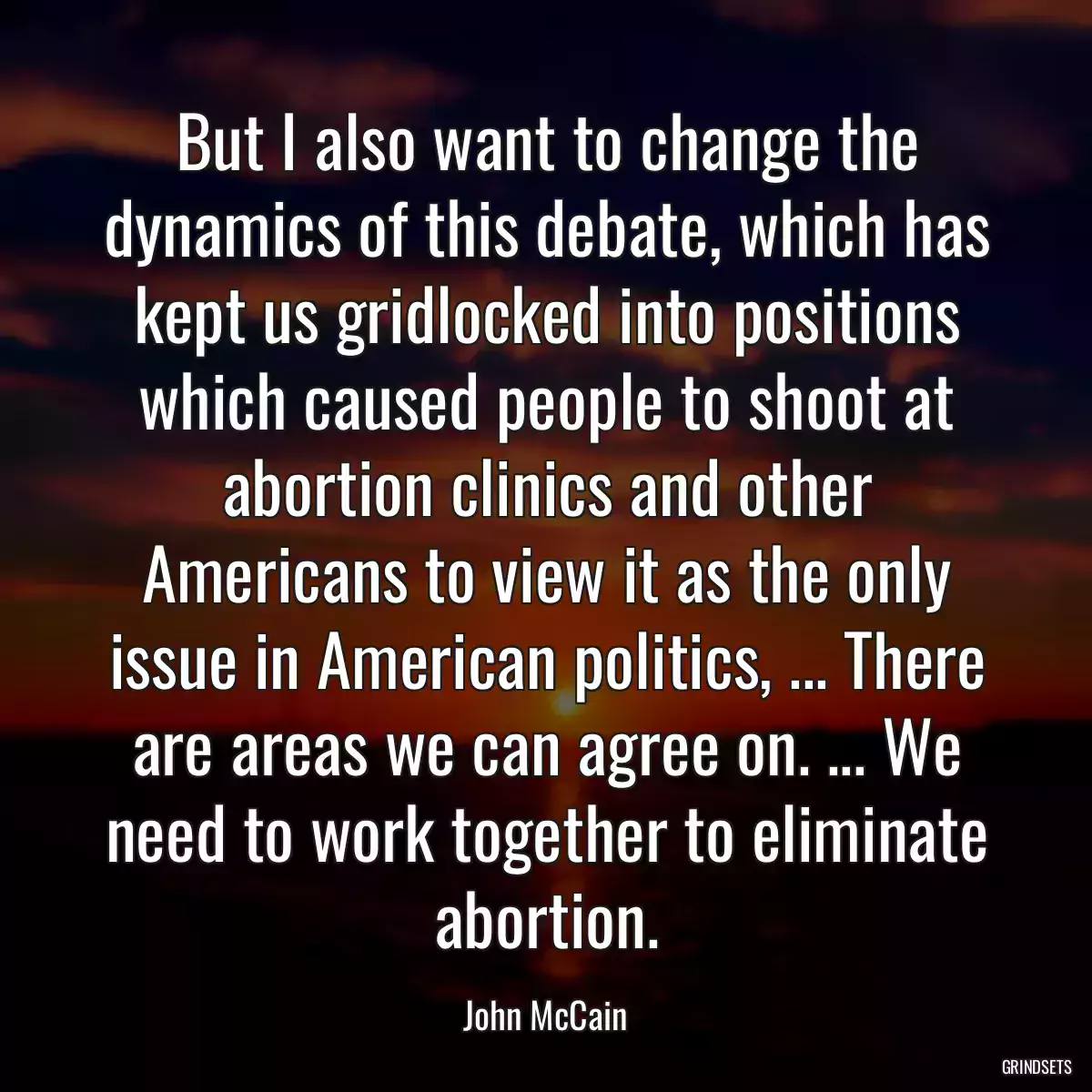 But I also want to change the dynamics of this debate, which has kept us gridlocked into positions which caused people to shoot at abortion clinics and other Americans to view it as the only issue in American politics, ... There are areas we can agree on. ... We need to work together to eliminate abortion.