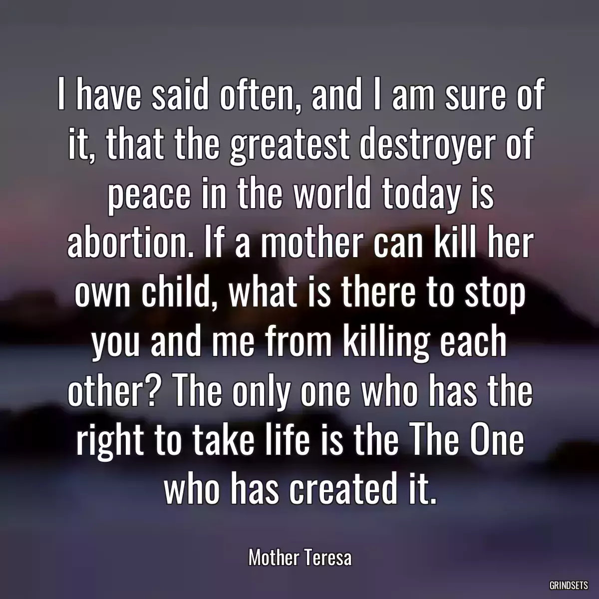 I have said often, and I am sure of it, that the greatest destroyer of peace in the world today is abortion. If a mother can kill her own child, what is there to stop you and me from killing each other? The only one who has the right to take life is the The One who has created it.