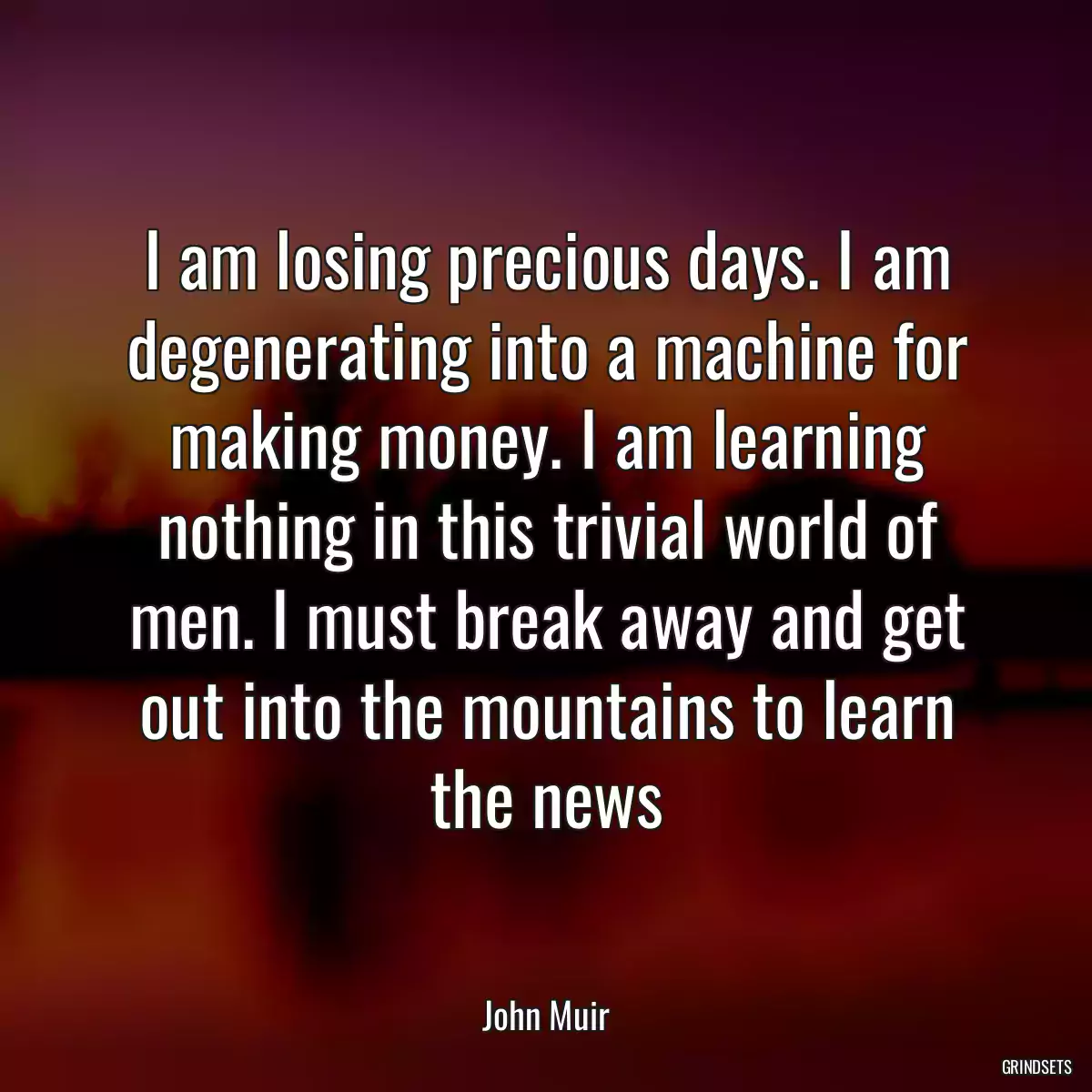 I am losing precious days. I am degenerating into a machine for making money. I am learning nothing in this trivial world of men. I must break away and get out into the mountains to learn the news