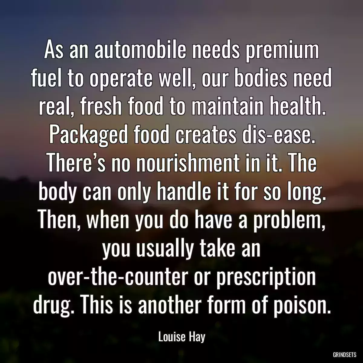 As an automobile needs premium fuel to operate well, our bodies need real, fresh food to maintain health. Packaged food creates dis-ease. There’s no nourishment in it. The body can only handle it for so long. Then, when you do have a problem, you usually take an over-the-counter or prescription drug. This is another form of poison.