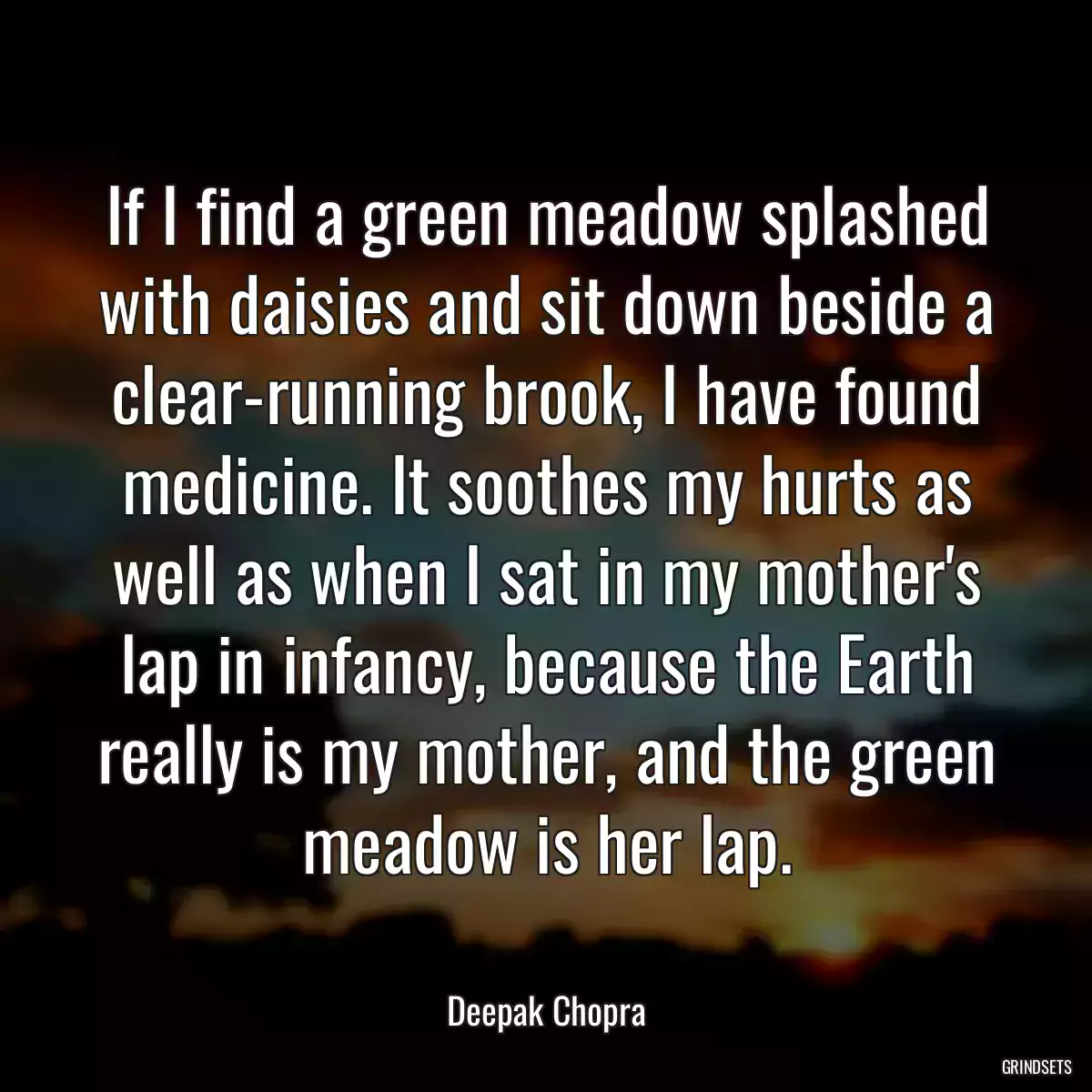 If I find a green meadow splashed with daisies and sit down beside a clear-running brook, I have found medicine. It soothes my hurts as well as when I sat in my mother\'s lap in infancy, because the Earth really is my mother, and the green meadow is her lap.