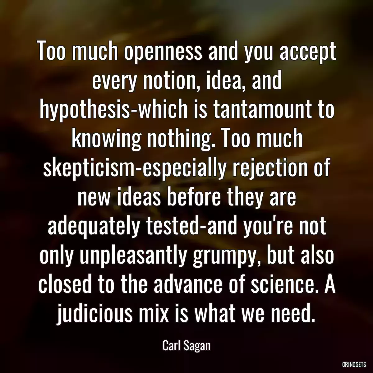 Too much openness and you accept every notion, idea, and hypothesis-which is tantamount to knowing nothing. Too much skepticism-especially rejection of new ideas before they are adequately tested-and you\'re not only unpleasantly grumpy, but also closed to the advance of science. A judicious mix is what we need.