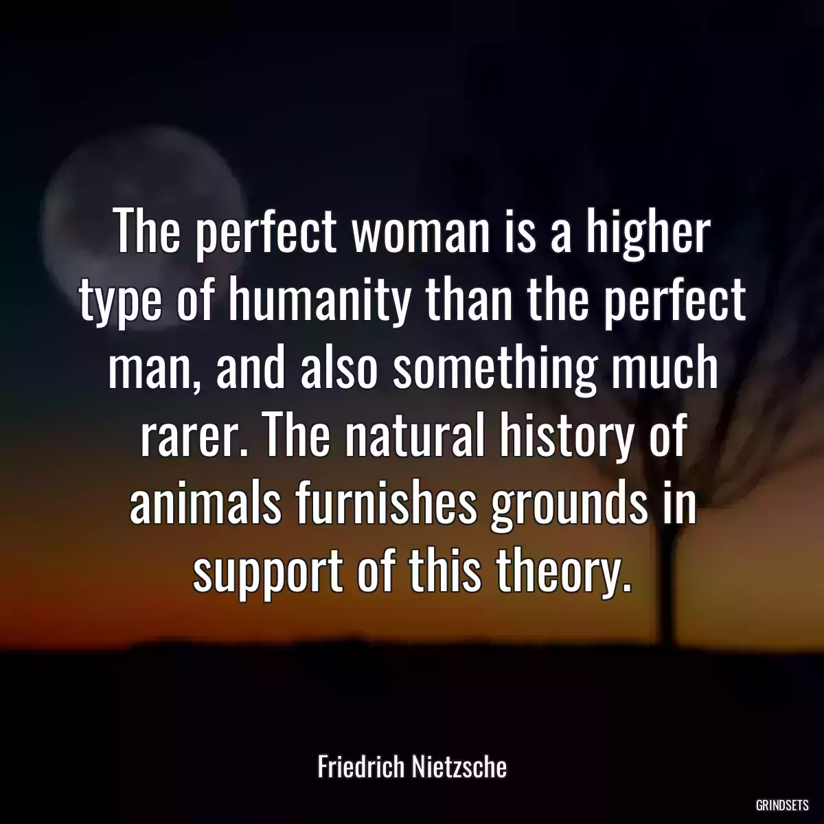 The perfect woman is a higher type of humanity than the perfect man, and also something much rarer. The natural history of animals furnishes grounds in support of this theory.