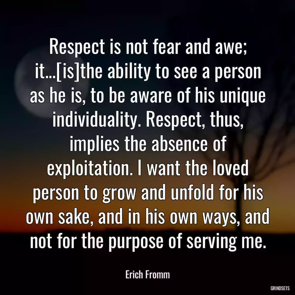 Respect is not fear and awe; it...[is]the ability to see a person as he is, to be aware of his unique individuality. Respect, thus, implies the absence of exploitation. I want the loved person to grow and unfold for his own sake, and in his own ways, and not for the purpose of serving me.