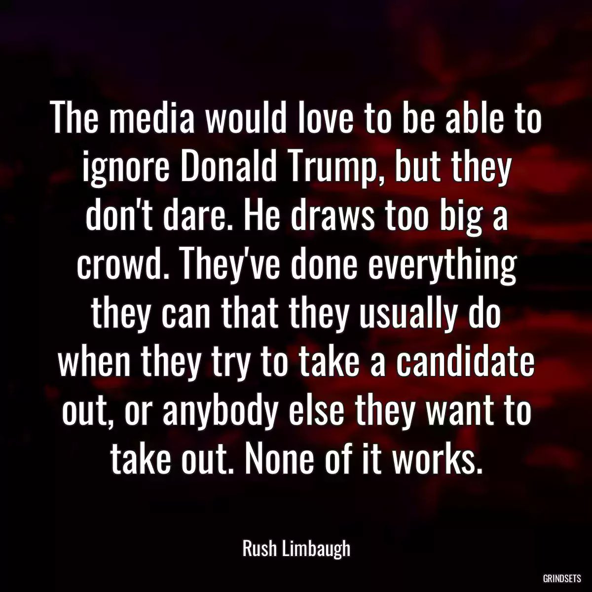 The media would love to be able to ignore Donald Trump, but they don\'t dare. He draws too big a crowd. They\'ve done everything they can that they usually do when they try to take a candidate out, or anybody else they want to take out. None of it works.