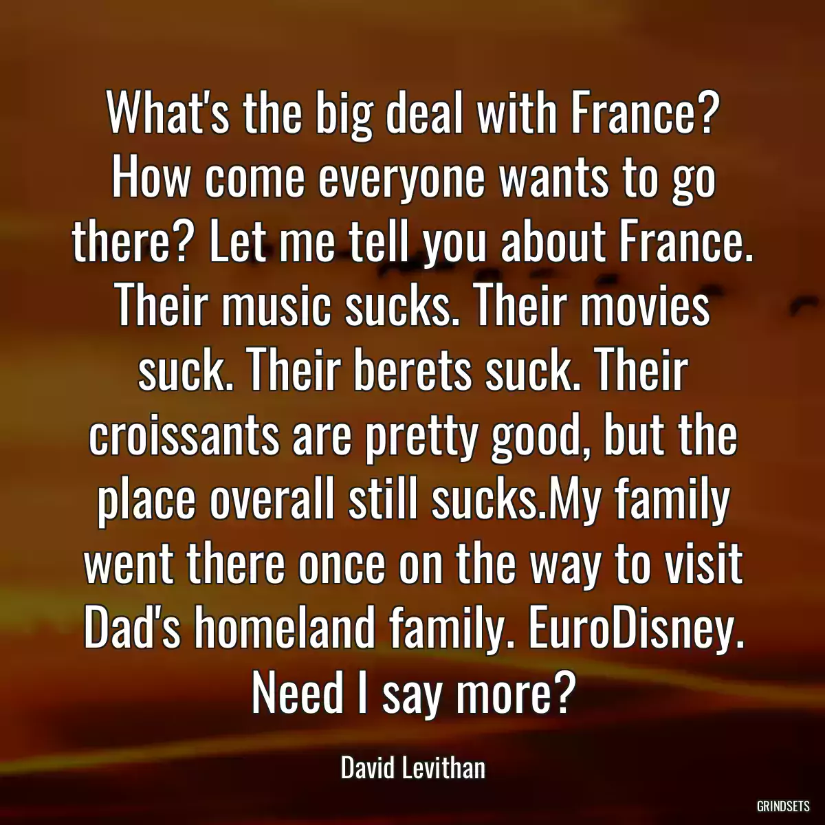 What\'s the big deal with France? How come everyone wants to go there? Let me tell you about France. Their music sucks. Their movies suck. Their berets suck. Their croissants are pretty good, but the place overall still sucks.My family went there once on the way to visit Dad\'s homeland family. EuroDisney. Need I say more?