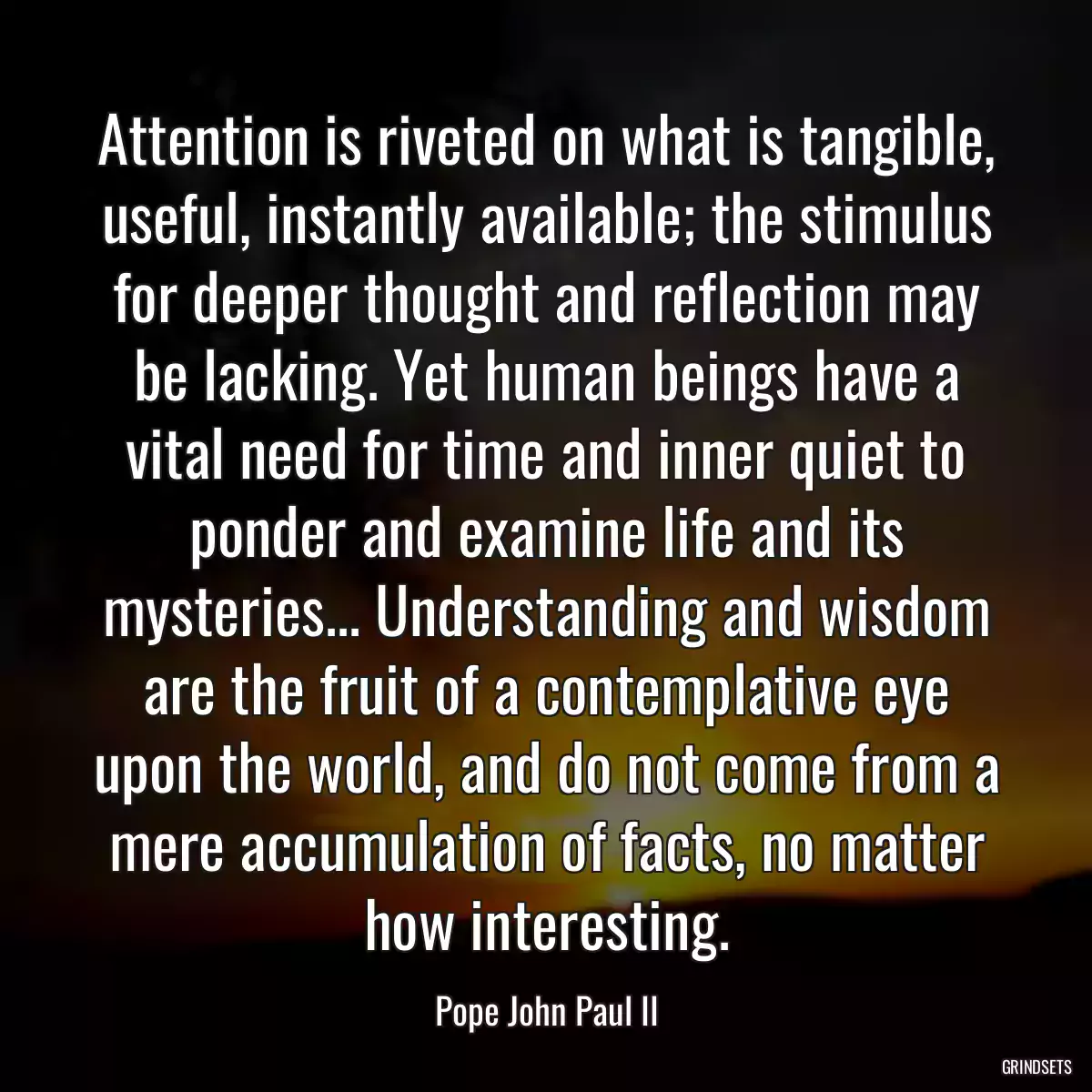 Attention is riveted on what is tangible, useful, instantly available; the stimulus for deeper thought and reflection may be lacking. Yet human beings have a vital need for time and inner quiet to ponder and examine life and its mysteries... Understanding and wisdom are the fruit of a contemplative eye upon the world, and do not come from a mere accumulation of facts, no matter how interesting.