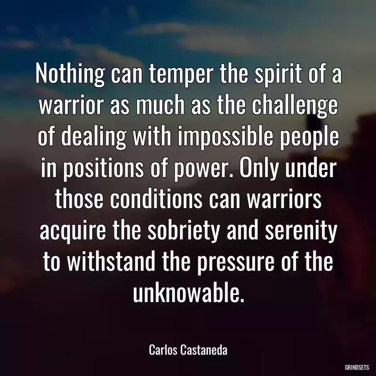 Nothing can temper the spirit of a warrior as much as the challenge of dealing with impossible people in positions of power. Only under those conditions can warriors acquire the sobriety and serenity to withstand the pressure of the unknowable.