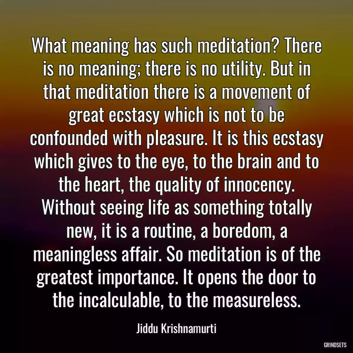 What meaning has such meditation? There is no meaning; there is no utility. But in that meditation there is a movement of great ecstasy which is not to be confounded with pleasure. It is this ecstasy which gives to the eye, to the brain and to the heart, the quality of innocency. Without seeing life as something totally new, it is a routine, a boredom, a meaningless affair. So meditation is of the greatest importance. It opens the door to the incalculable, to the measureless.