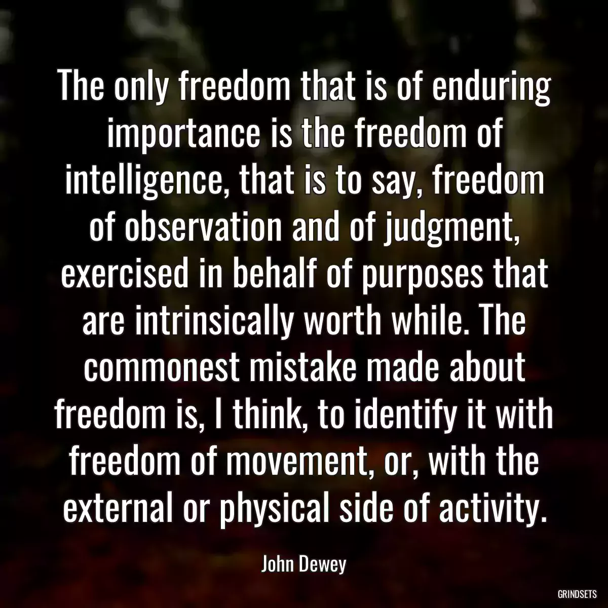 The only freedom that is of enduring importance is the freedom of intelligence, that is to say, freedom of observation and of judgment, exercised in behalf of purposes that are intrinsically worth while. The commonest mistake made about freedom is, I think, to identify it with freedom of movement, or, with the external or physical side of activity.