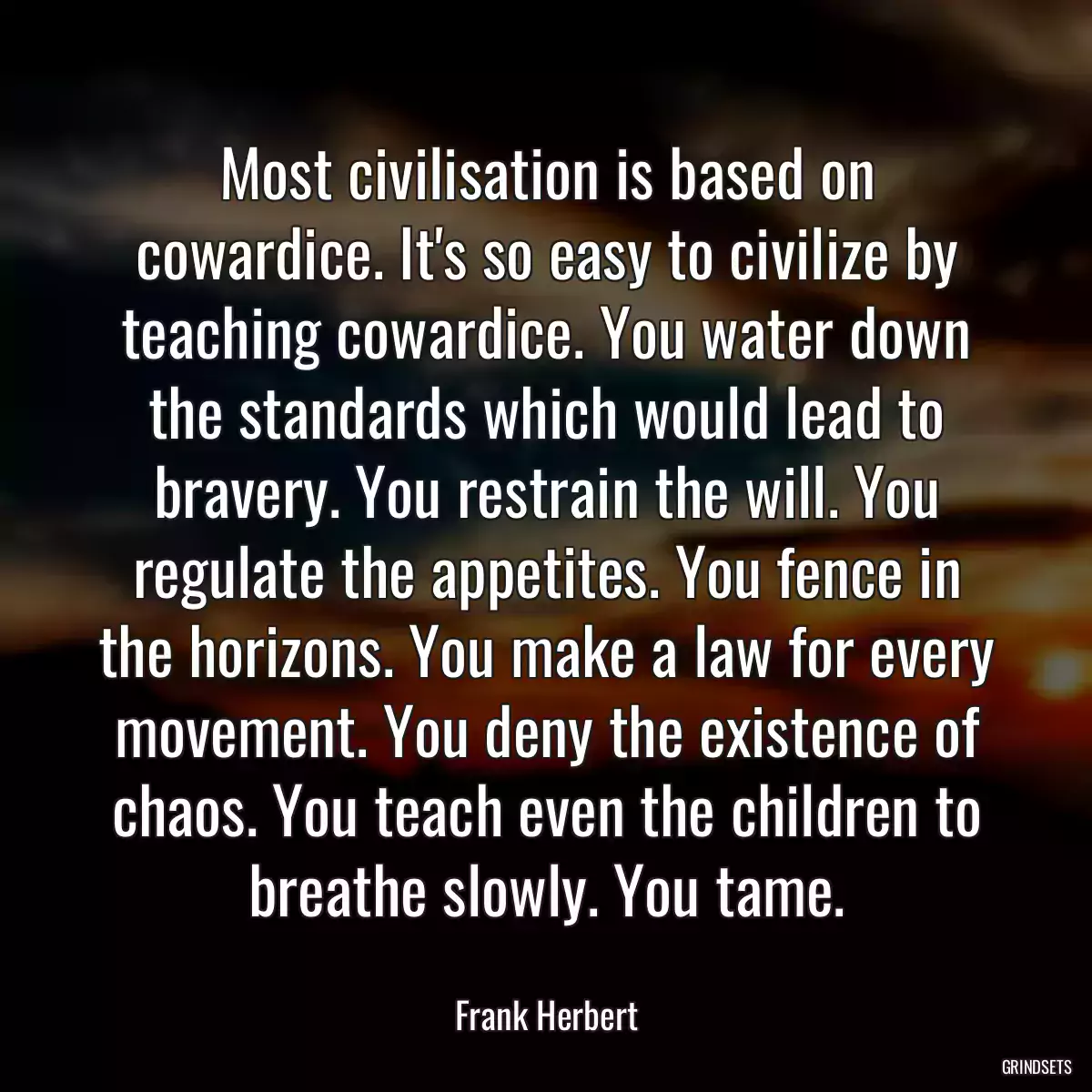 Most civilisation is based on cowardice. It\'s so easy to civilize by teaching cowardice. You water down the standards which would lead to bravery. You restrain the will. You regulate the appetites. You fence in the horizons. You make a law for every movement. You deny the existence of chaos. You teach even the children to breathe slowly. You tame.