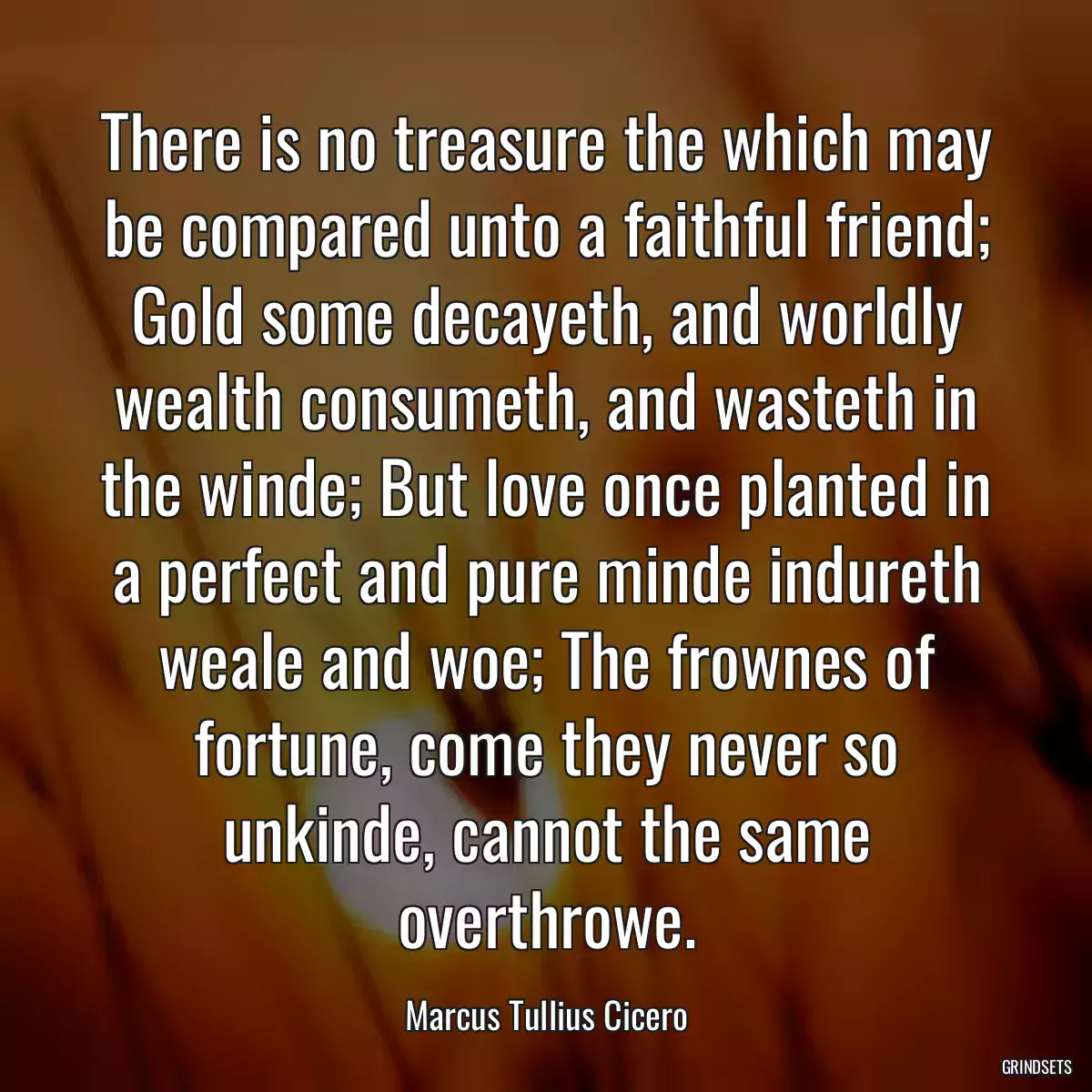 There is no treasure the which may be compared unto a faithful friend; Gold some decayeth, and worldly wealth consumeth, and wasteth in the winde; But love once planted in a perfect and pure minde indureth weale and woe; The frownes of fortune, come they never so unkinde, cannot the same overthrowe.