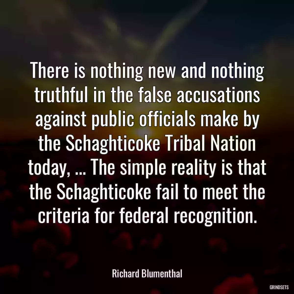 There is nothing new and nothing truthful in the false accusations against public officials make by the Schaghticoke Tribal Nation today, ... The simple reality is that the Schaghticoke fail to meet the criteria for federal recognition.