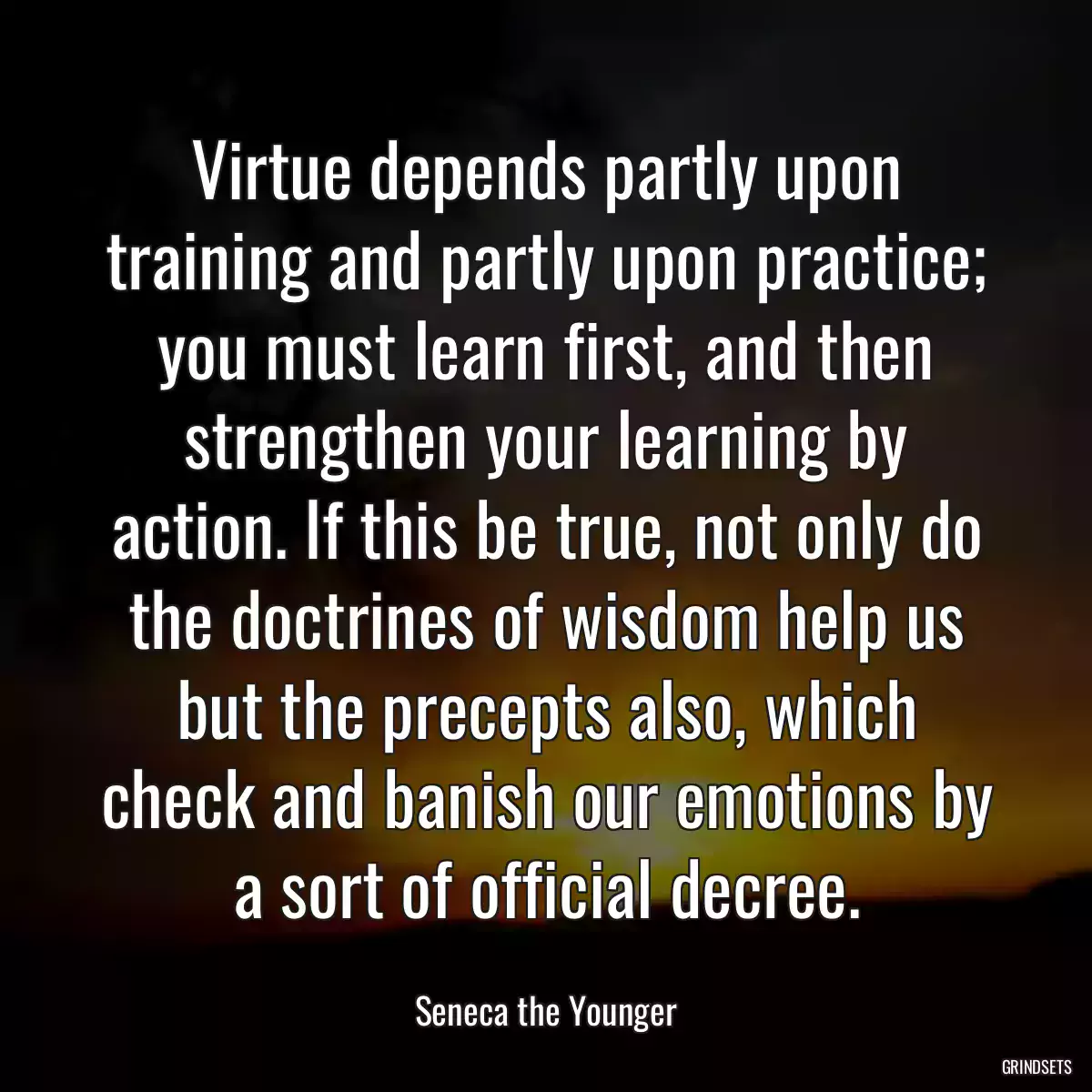 Virtue depends partly upon training and partly upon practice; you must learn first, and then strengthen your learning by action. If this be true, not only do the doctrines of wisdom help us but the precepts also, which check and banish our emotions by a sort of official decree.