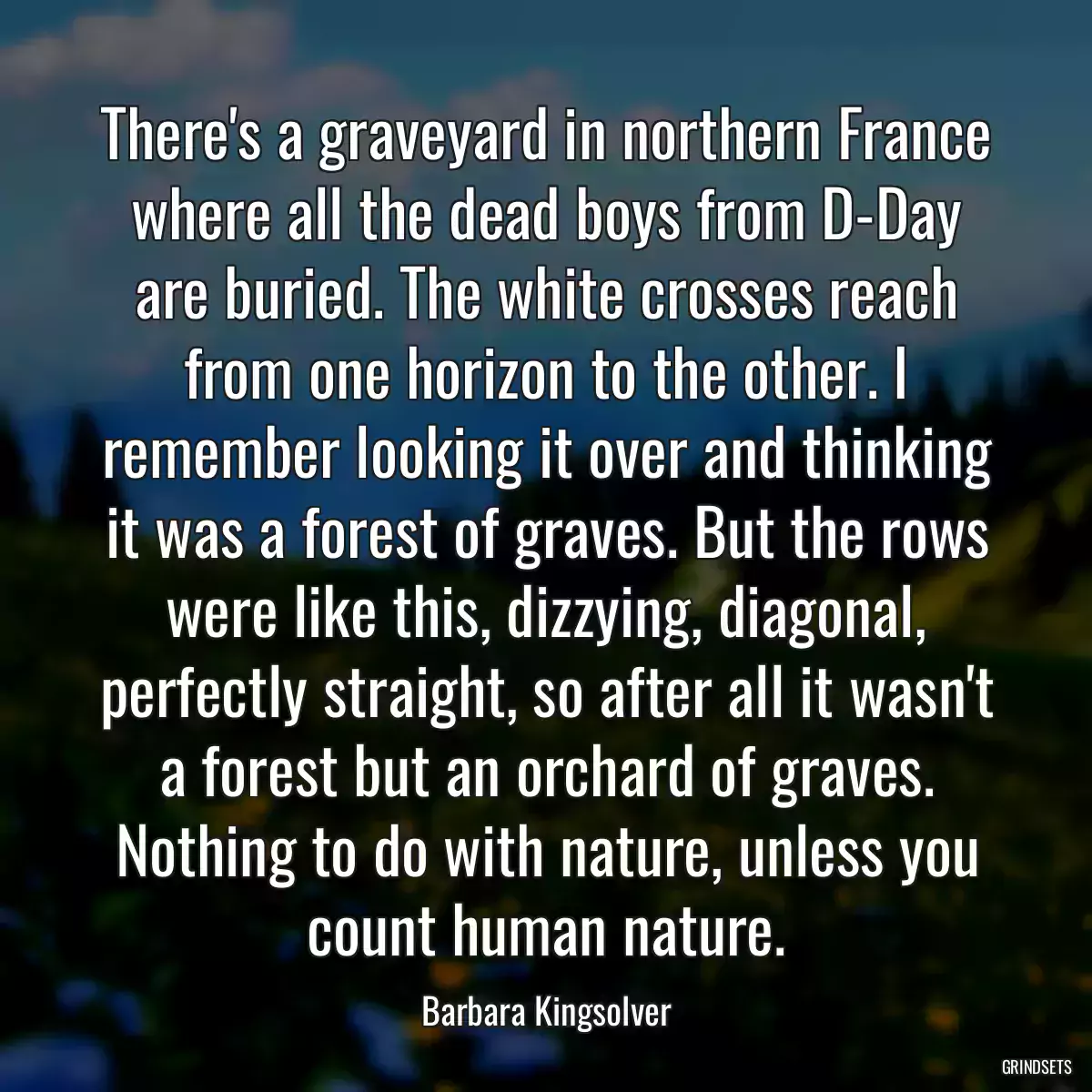 There\'s a graveyard in northern France where all the dead boys from D-Day are buried. The white crosses reach from one horizon to the other. I remember looking it over and thinking it was a forest of graves. But the rows were like this, dizzying, diagonal, perfectly straight, so after all it wasn\'t a forest but an orchard of graves. Nothing to do with nature, unless you count human nature.