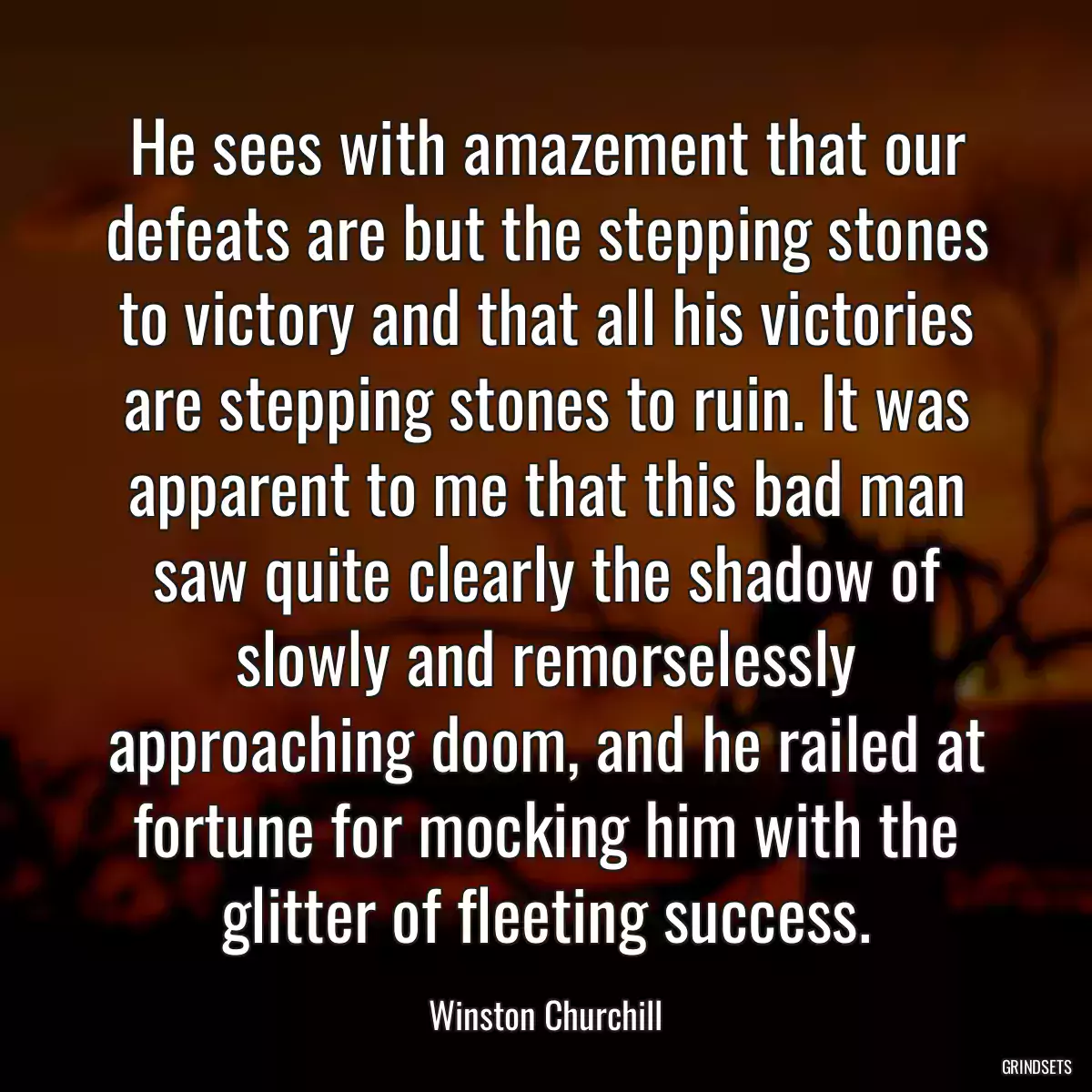 He sees with amazement that our defeats are but the stepping stones to victory and that all his victories are stepping stones to ruin. It was apparent to me that this bad man saw quite clearly the shadow of slowly and remorselessly approaching doom, and he railed at fortune for mocking him with the glitter of fleeting success.