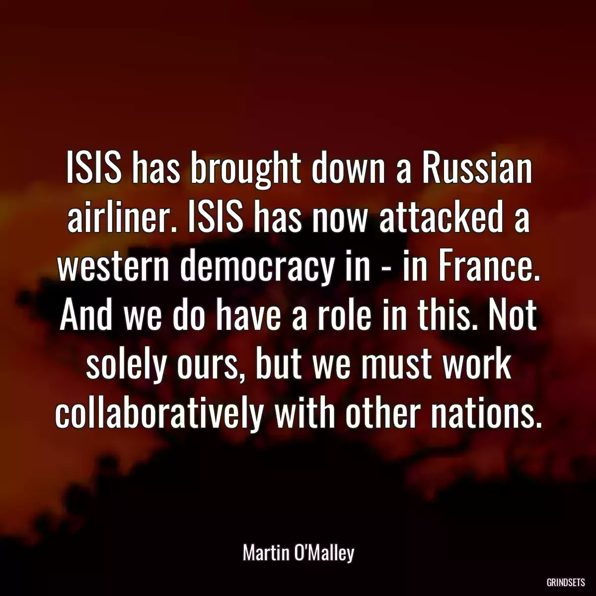 ISIS has brought down a Russian airliner. ISIS has now attacked a western democracy in - in France. And we do have a role in this. Not solely ours, but we must work collaboratively with other nations.