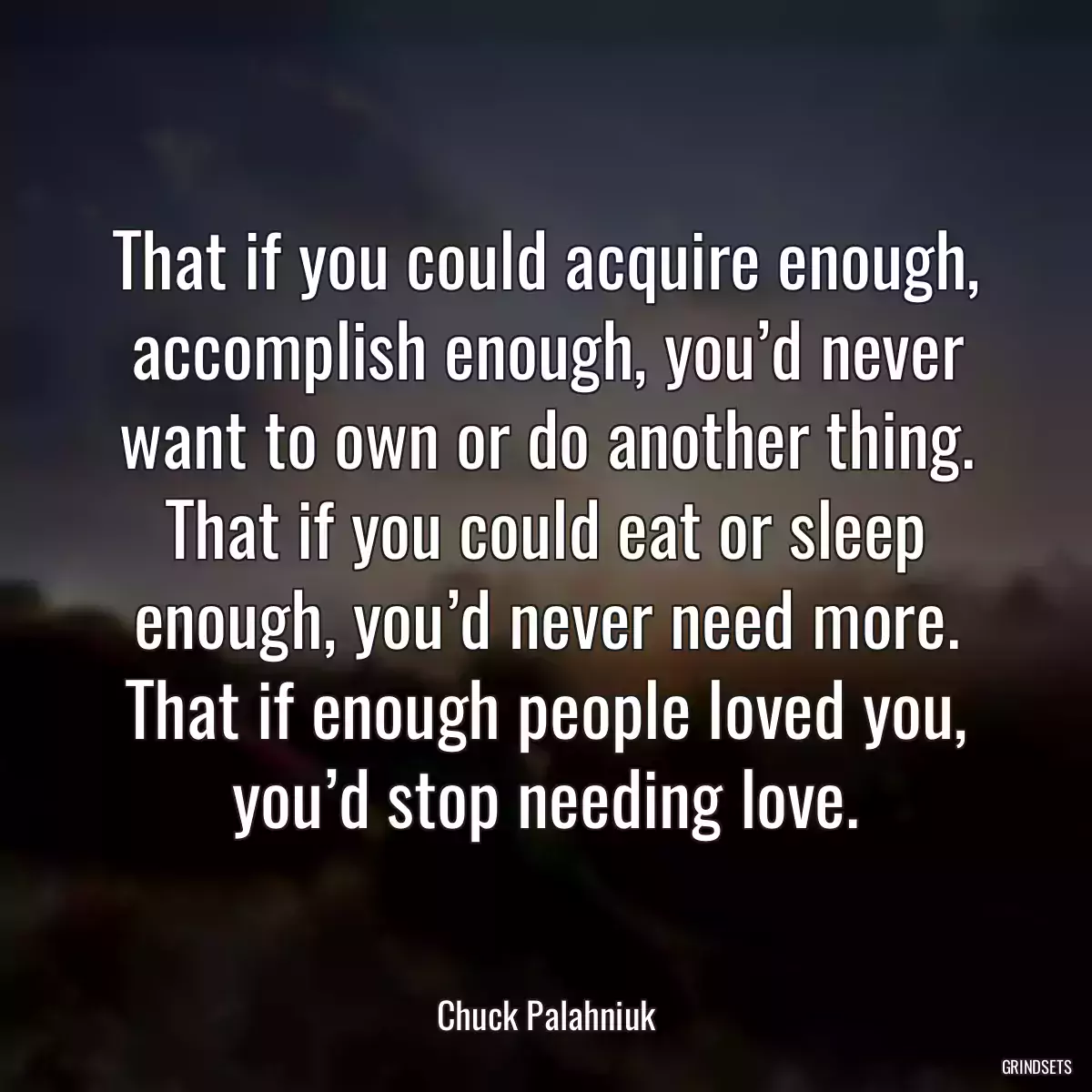 That if you could acquire enough, accomplish enough, you’d never want to own or do another thing. That if you could eat or sleep enough, you’d never need more. That if enough people loved you, you’d stop needing love.