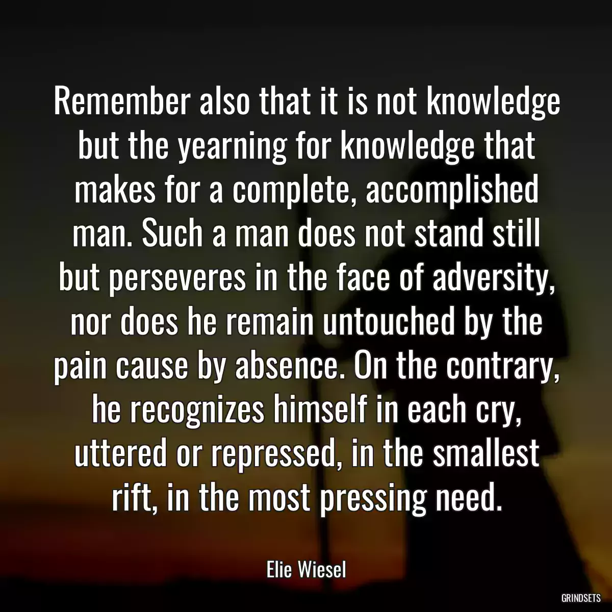 Remember also that it is not knowledge but the yearning for knowledge that makes for a complete, accomplished man. Such a man does not stand still but perseveres in the face of adversity, nor does he remain untouched by the pain cause by absence. On the contrary, he recognizes himself in each cry, uttered or repressed, in the smallest rift, in the most pressing need.