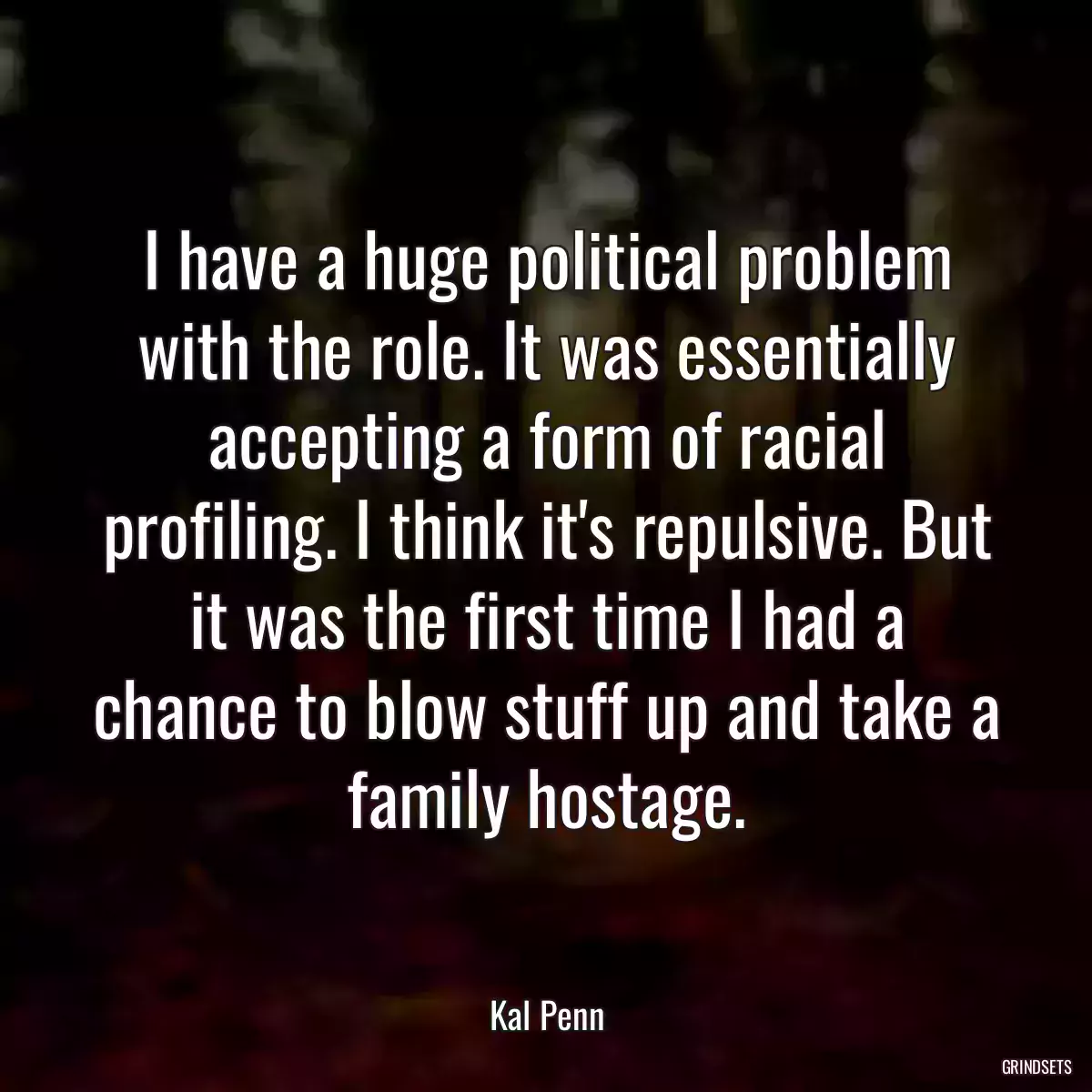 I have a huge political problem with the role. It was essentially accepting a form of racial profiling. I think it\'s repulsive. But it was the first time I had a chance to blow stuff up and take a family hostage.