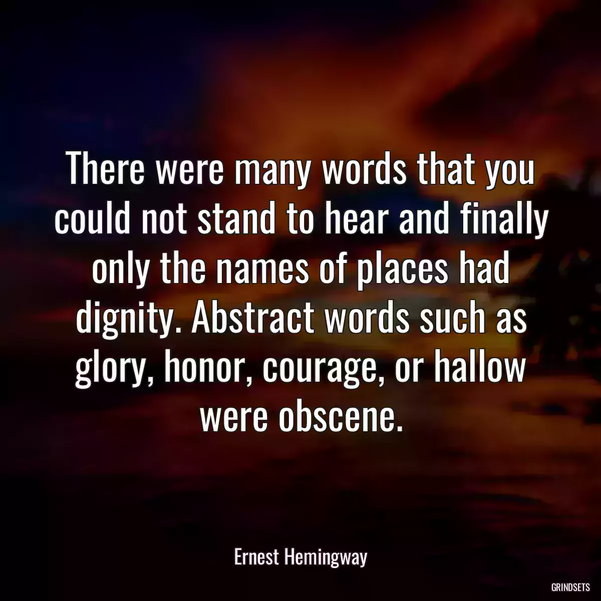 There were many words that you could not stand to hear and finally only the names of places had dignity. Abstract words such as glory, honor, courage, or hallow were obscene.