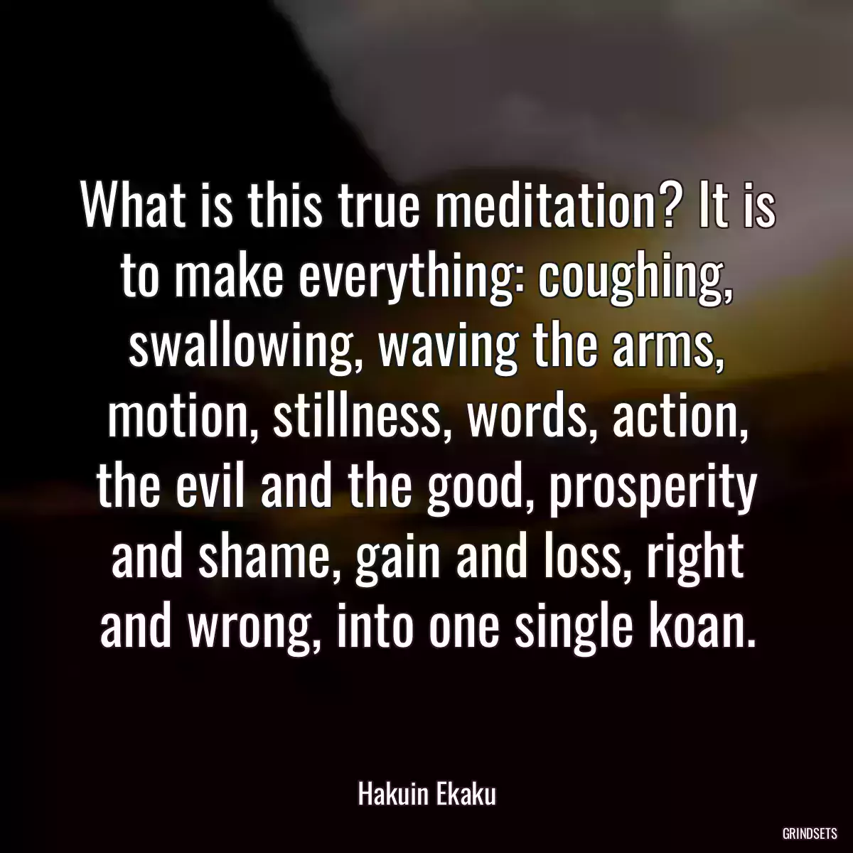 What is this true meditation? It is to make everything: coughing, swallowing, waving the arms, motion, stillness, words, action, the evil and the good, prosperity and shame, gain and loss, right and wrong, into one single koan.