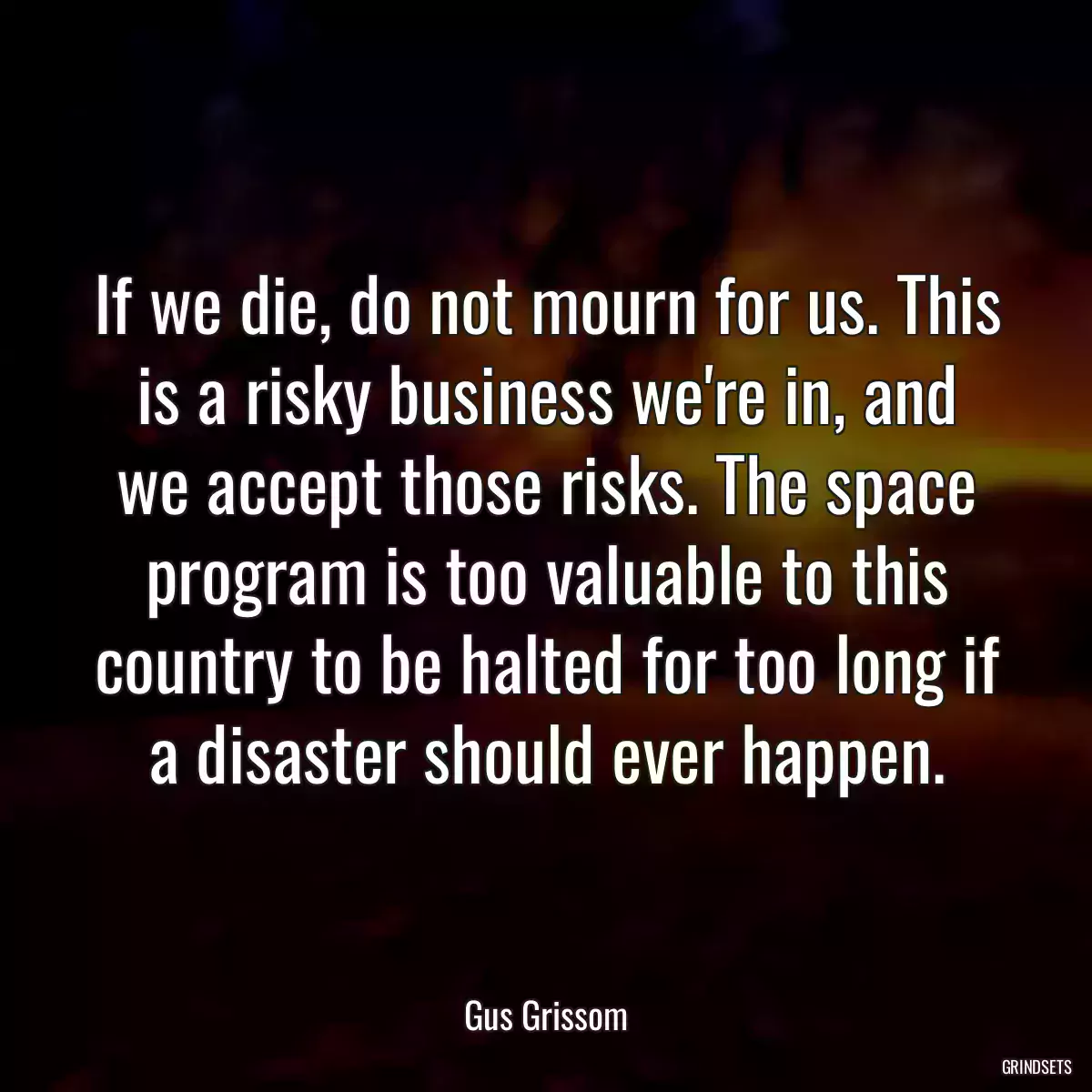 If we die, do not mourn for us. This is a risky business we\'re in, and we accept those risks. The space program is too valuable to this country to be halted for too long if a disaster should ever happen.