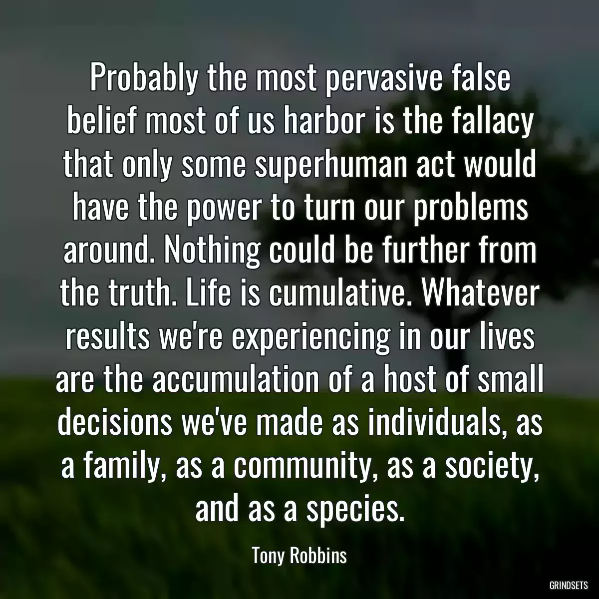 Probably the most pervasive false belief most of us harbor is the fallacy that only some superhuman act would have the power to turn our problems around. Nothing could be further from the truth. Life is cumulative. Whatever results we\'re experiencing in our lives are the accumulation of a host of small decisions we\'ve made as individuals, as a family, as a community, as a society, and as a species.