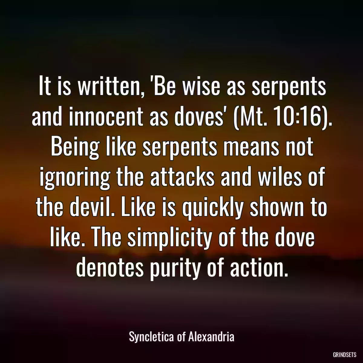 It is written, \'Be wise as serpents and innocent as doves\' (Mt. 10:16). Being like serpents means not ignoring the attacks and wiles of the devil. Like is quickly shown to like. The simplicity of the dove denotes purity of action.