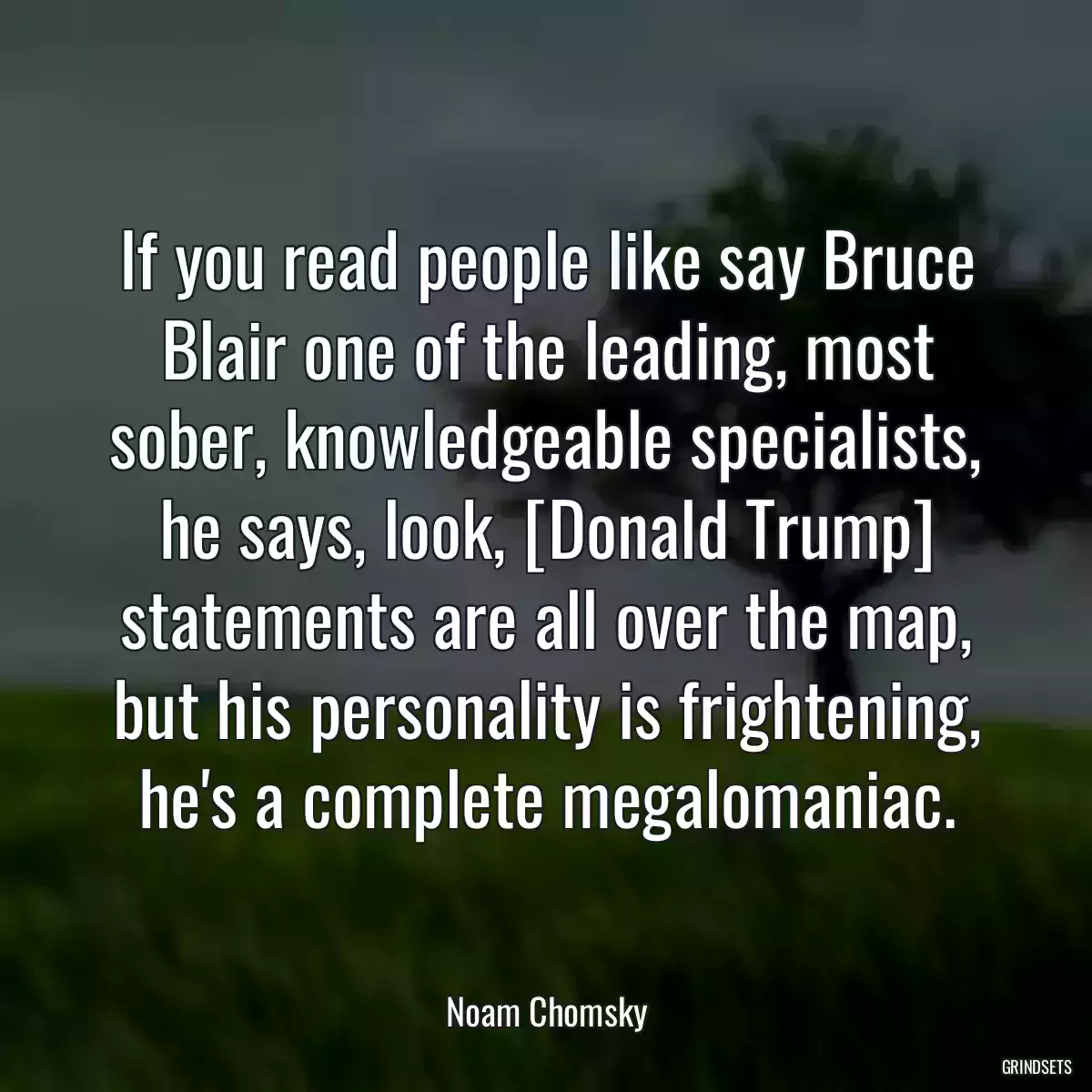 If you read people like say Bruce Blair one of the leading, most sober, knowledgeable specialists, he says, look, [Donald Trump] statements are all over the map, but his personality is frightening, he\'s a complete megalomaniac.