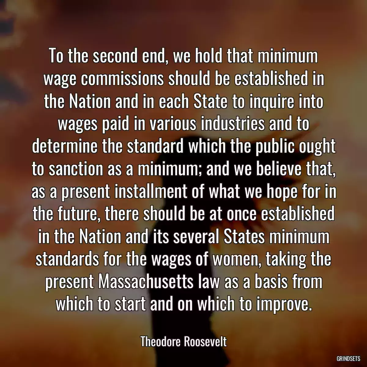 To the second end, we hold that minimum wage commissions should be established in the Nation and in each State to inquire into wages paid in various industries and to determine the standard which the public ought to sanction as a minimum; and we believe that, as a present installment of what we hope for in the future, there should be at once established in the Nation and its several States minimum standards for the wages of women, taking the present Massachusetts law as a basis from which to start and on which to improve.