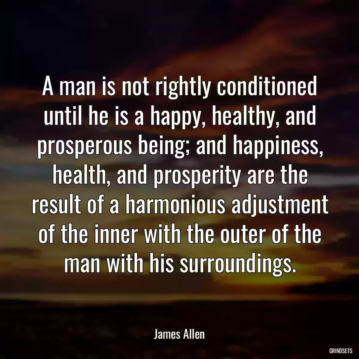 A man is not rightly conditioned until he is a happy, healthy, and prosperous being; and happiness, health, and prosperity are the result of a harmonious adjustment of the inner with the outer of the man with his surroundings.