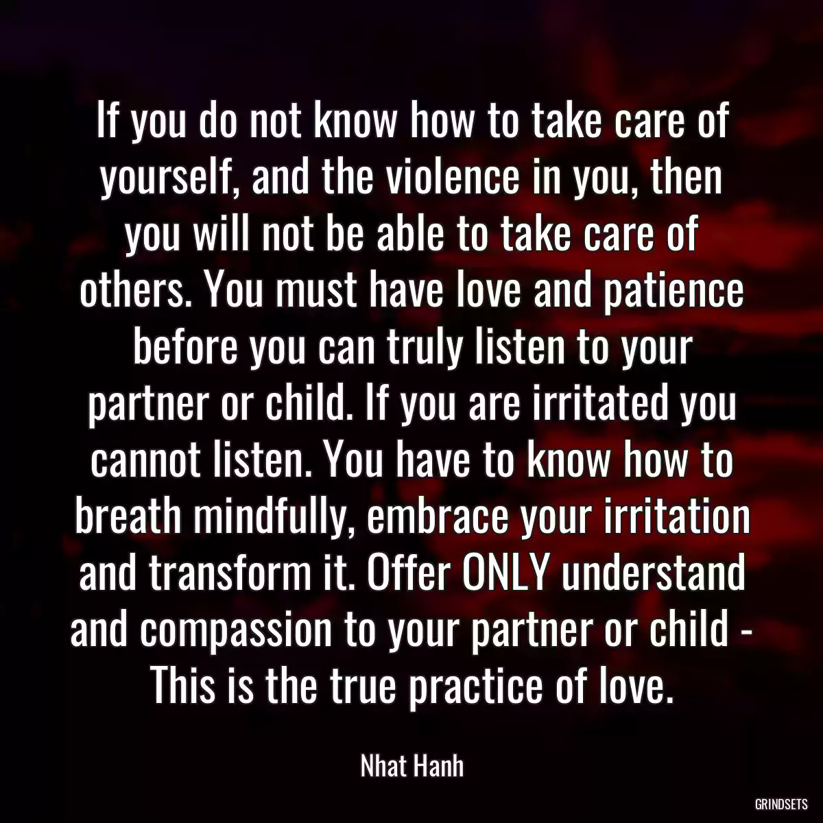 If you do not know how to take care of yourself, and the violence in you, then you will not be able to take care of others. You must have love and patience before you can truly listen to your partner or child. If you are irritated you cannot listen. You have to know how to breath mindfully, embrace your irritation and transform it. Offer ONLY understand and compassion to your partner or child - This is the true practice of love.