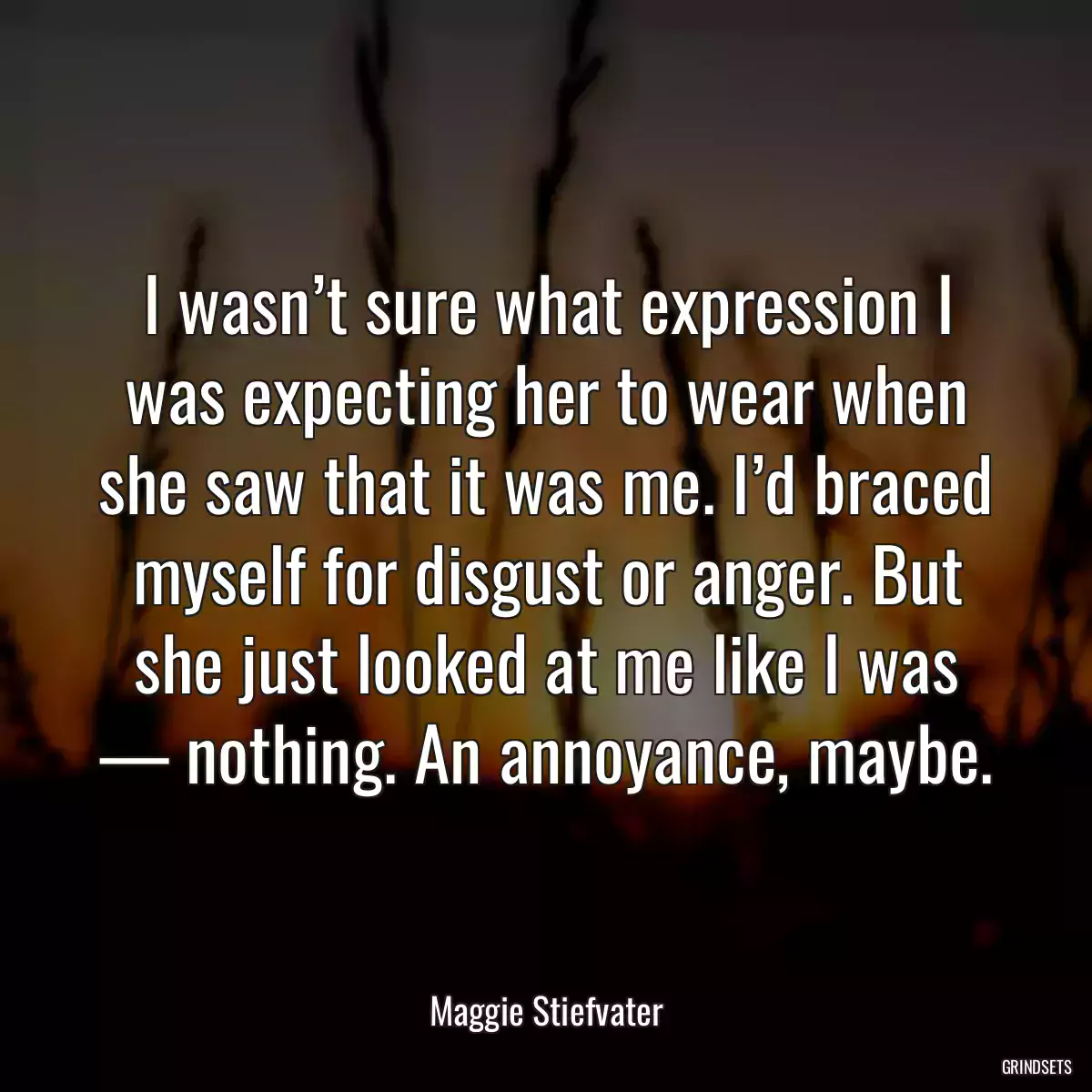 I wasn’t sure what expression I was expecting her to wear when she saw that it was me. I’d braced myself for disgust or anger. But she just looked at me like I was — nothing. An annoyance, maybe.