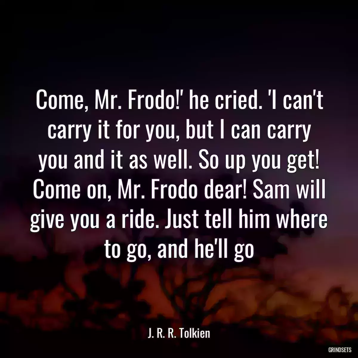 Come, Mr. Frodo!\' he cried. \'I can\'t carry it for you, but I can carry you and it as well. So up you get! Come on, Mr. Frodo dear! Sam will give you a ride. Just tell him where to go, and he\'ll go