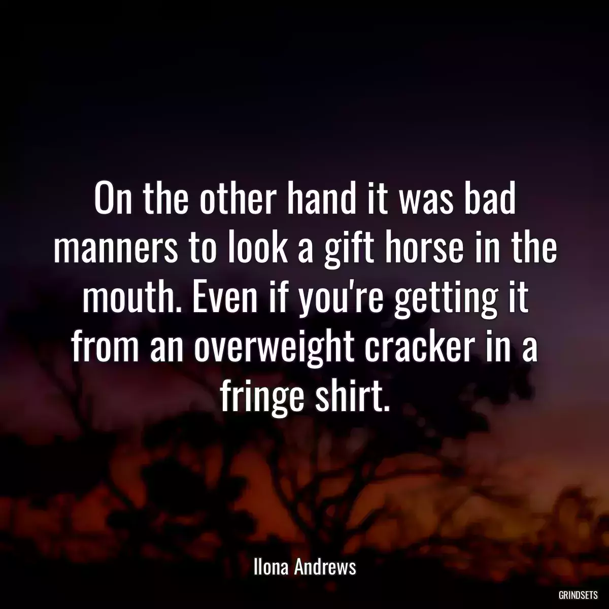 On the other hand it was bad manners to look a gift horse in the mouth. Even if you\'re getting it from an overweight cracker in a fringe shirt.