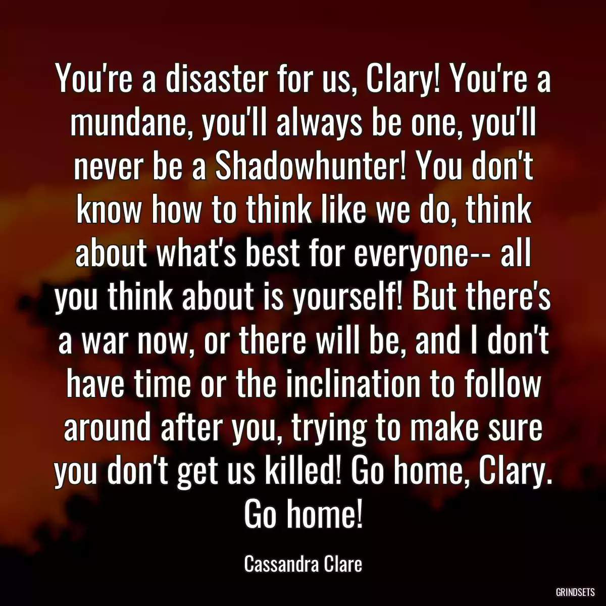 You\'re a disaster for us, Clary! You\'re a mundane, you\'ll always be one, you\'ll never be a Shadowhunter! You don\'t know how to think like we do, think about what\'s best for everyone-- all you think about is yourself! But there\'s a war now, or there will be, and I don\'t have time or the inclination to follow around after you, trying to make sure you don\'t get us killed! Go home, Clary. Go home!