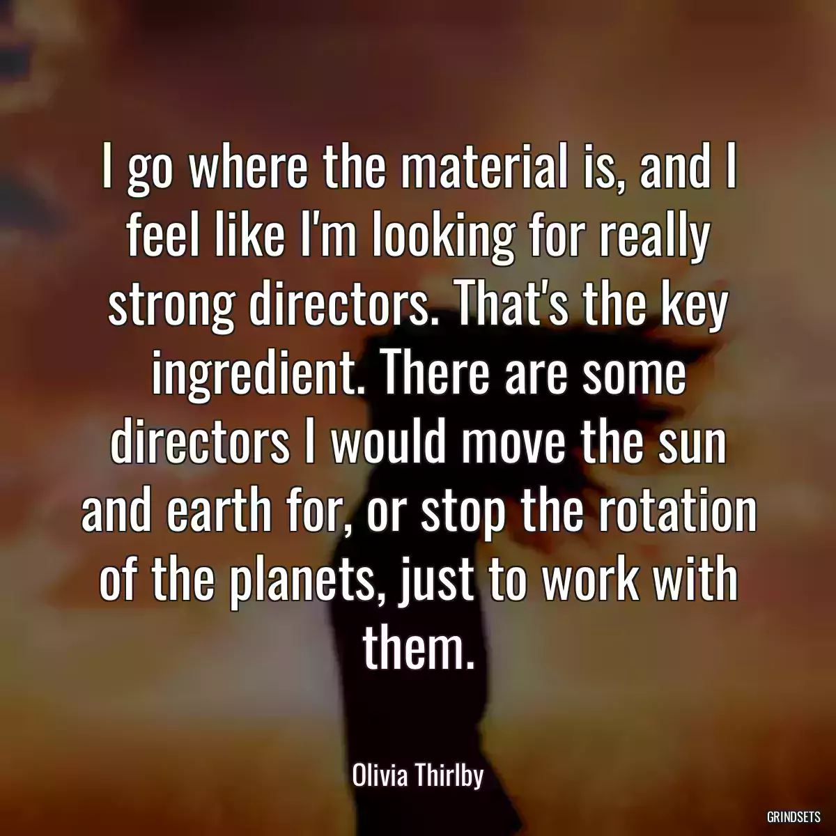 I go where the material is, and I feel like I\'m looking for really strong directors. That\'s the key ingredient. There are some directors I would move the sun and earth for, or stop the rotation of the planets, just to work with them.