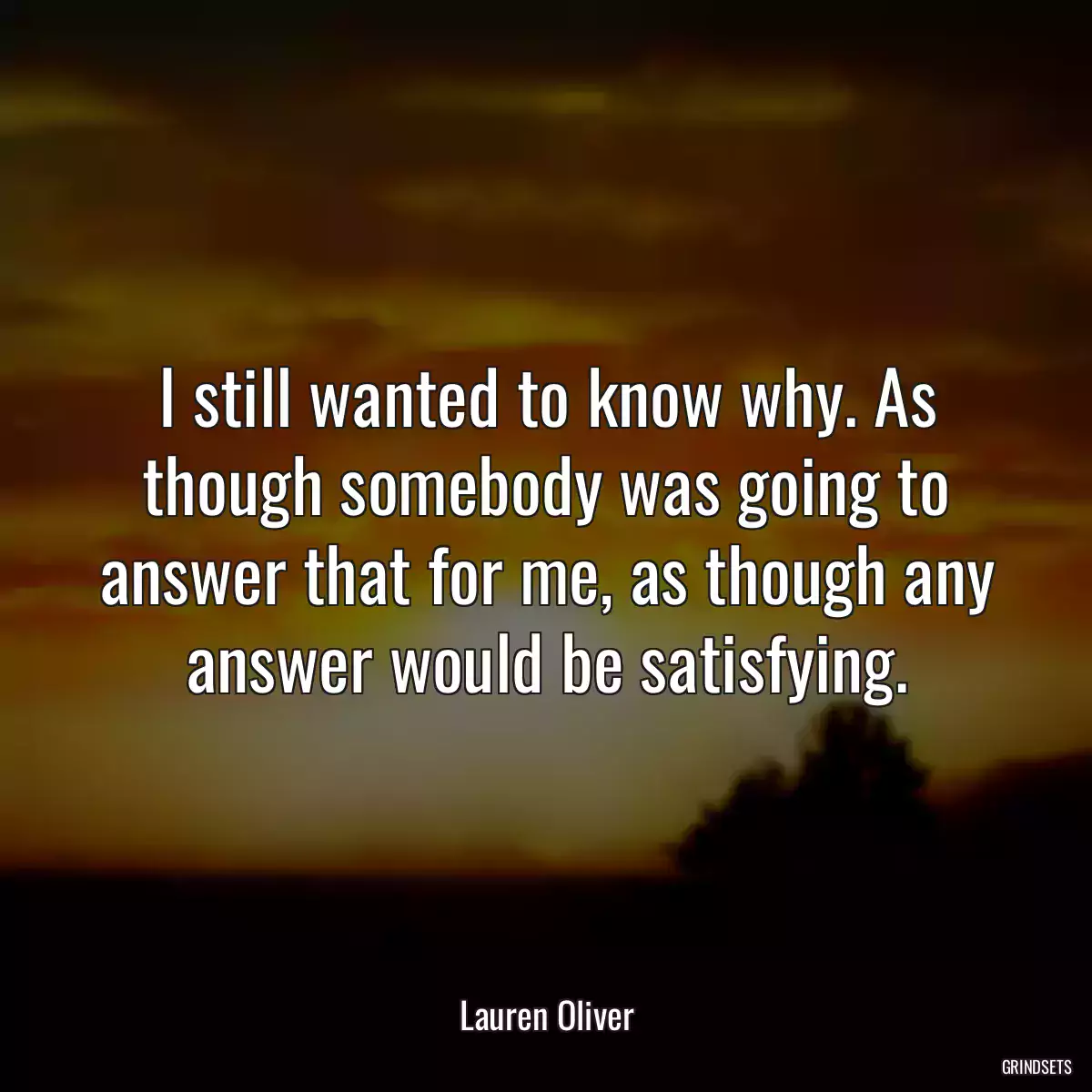 I still wanted to know why. As though somebody was going to answer that for me, as though any answer would be satisfying.