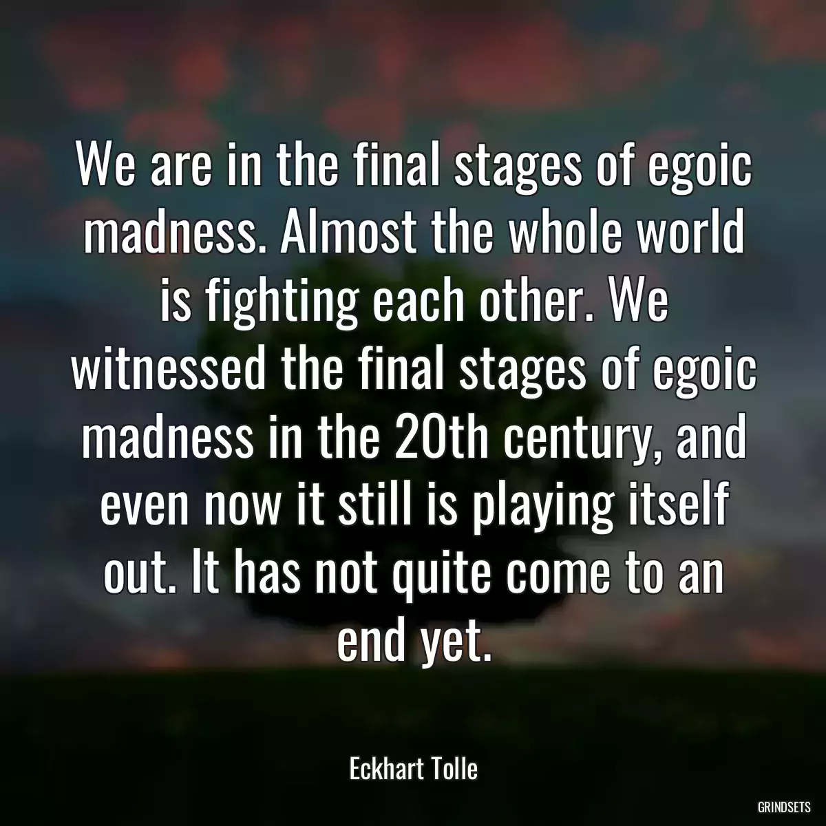 We are in the final stages of egoic madness. Almost the whole world is fighting each other. We witnessed the final stages of egoic madness in the 20th century, and even now it still is playing itself out. It has not quite come to an end yet.